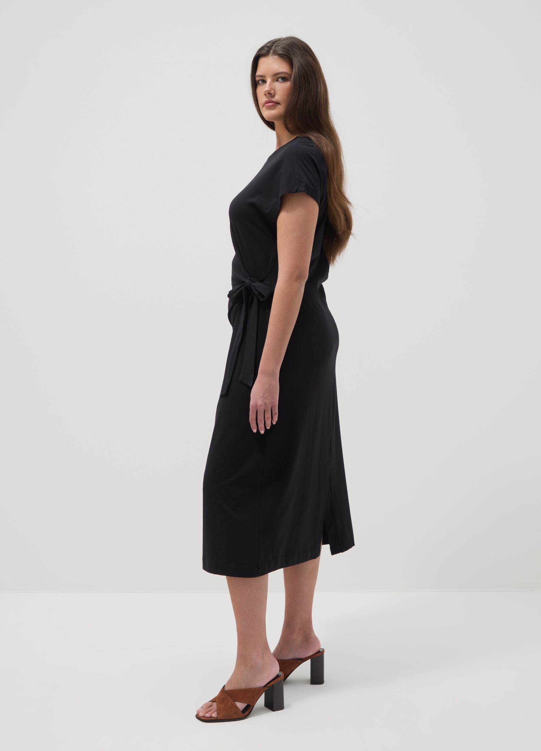 Black midi dress in stretch cotton with side knot