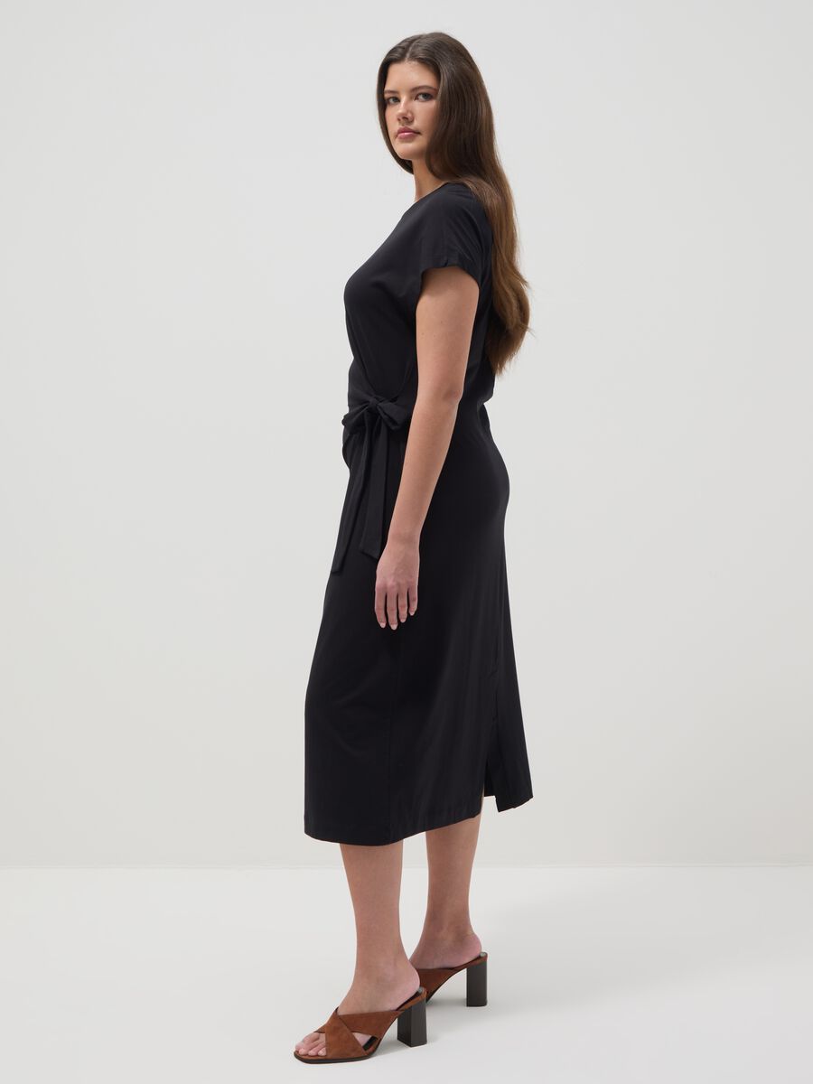 Black midi dress in stretch cotton with side knot_2