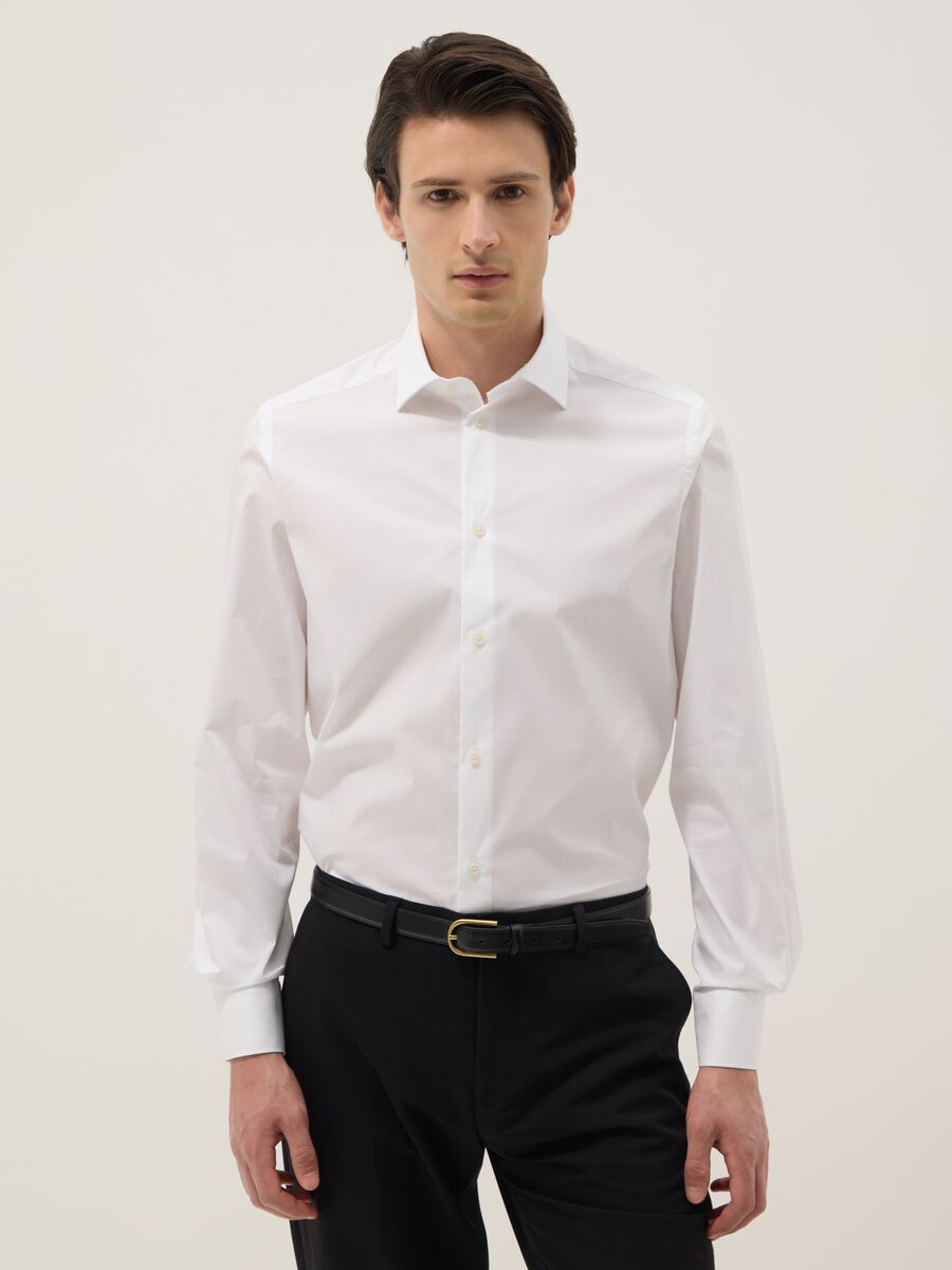 White stretch cotton slim fit shirt with classic collar_0
