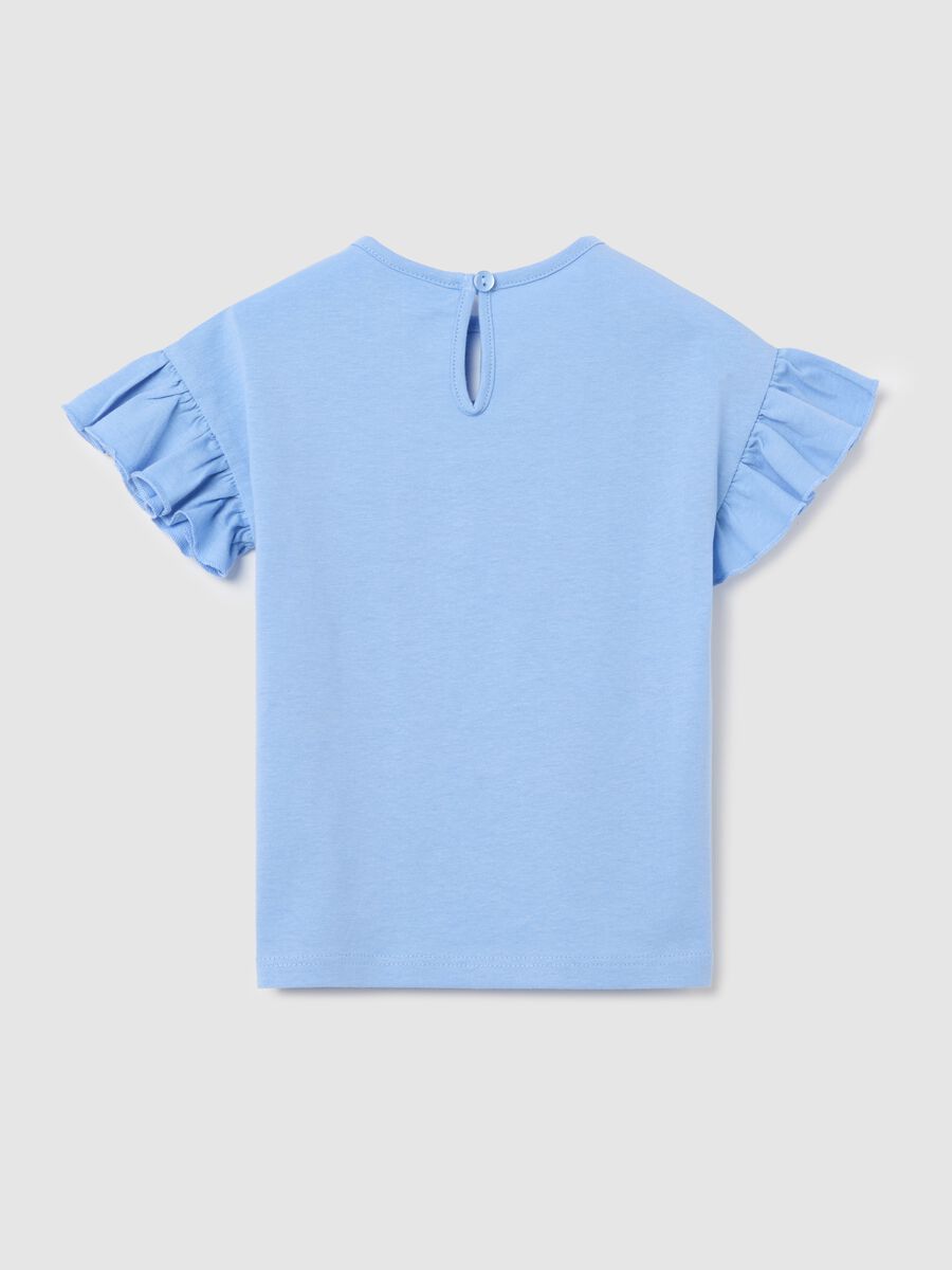 Light blue T-shirt in cotton with print and flounce_1