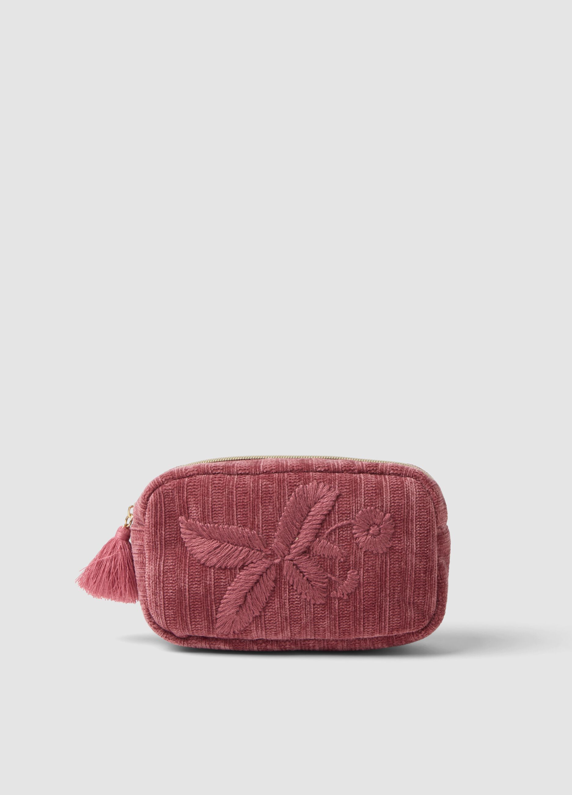 Beauty case rosa con ricamo floreale e nappina