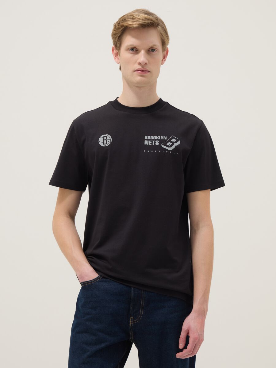 Black pure cotton regular fit T-shirt with Brooklyn Nets print_0