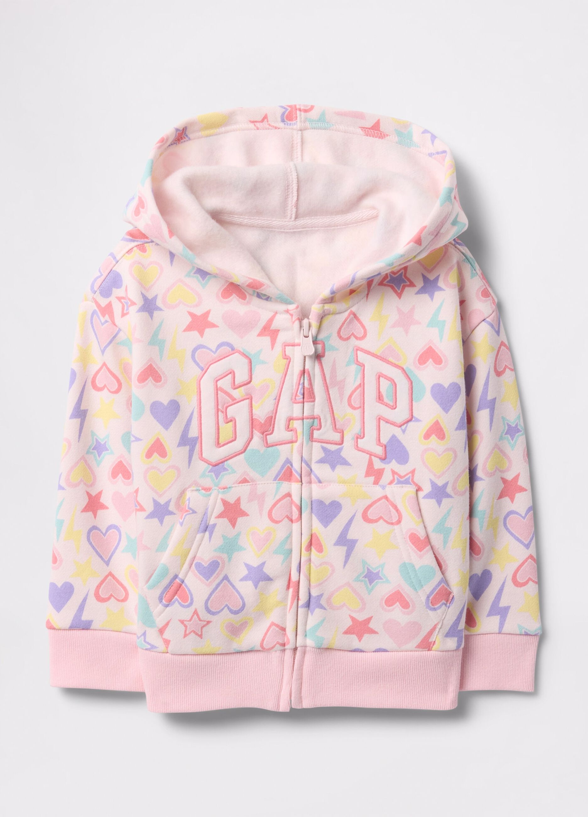 Pink full-zip sweatshirt with hood, hearts and stars print and logo embroidery