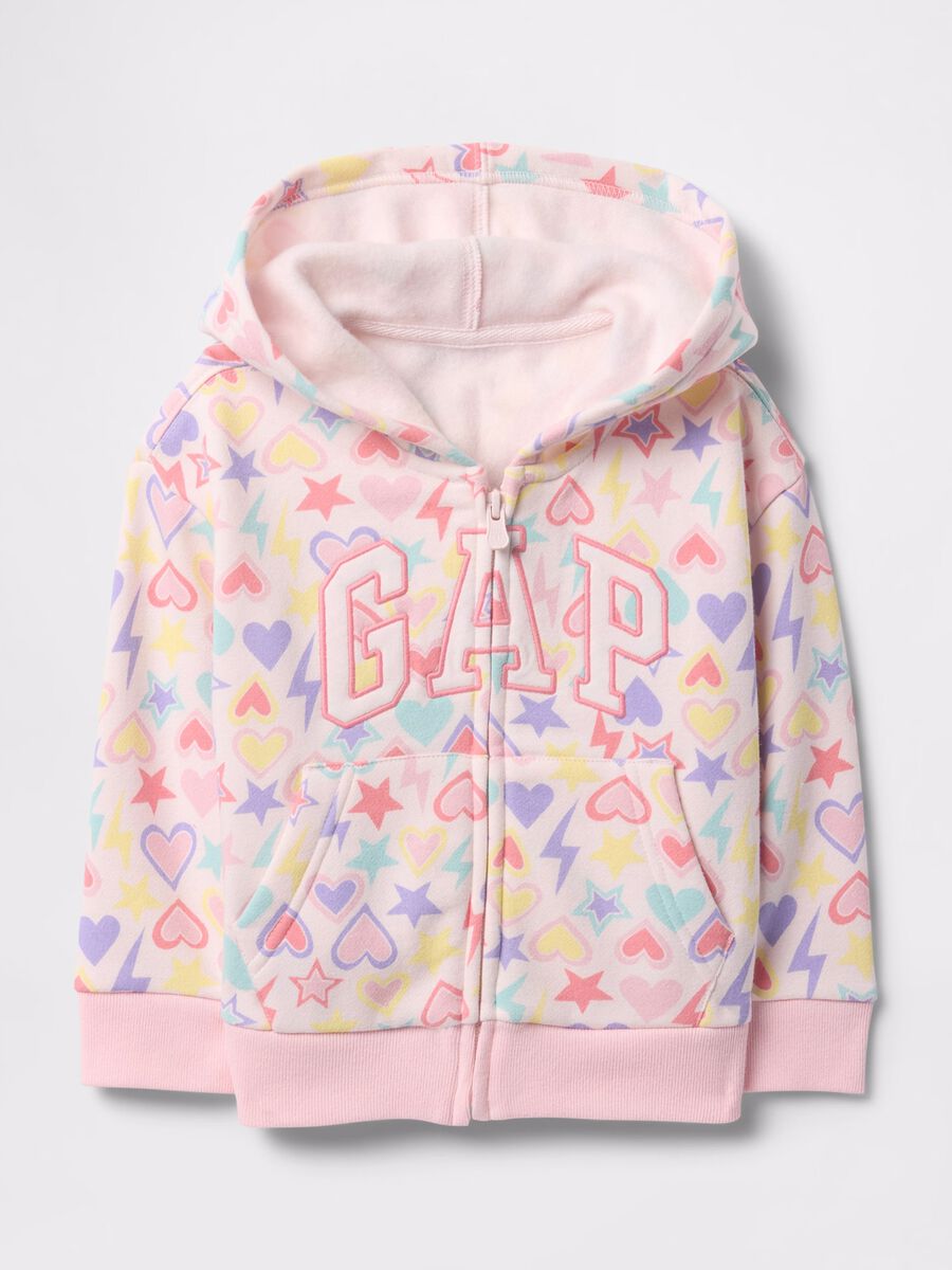 Pink full-zip sweatshirt with hood, hearts and stars print and logo embroidery_0