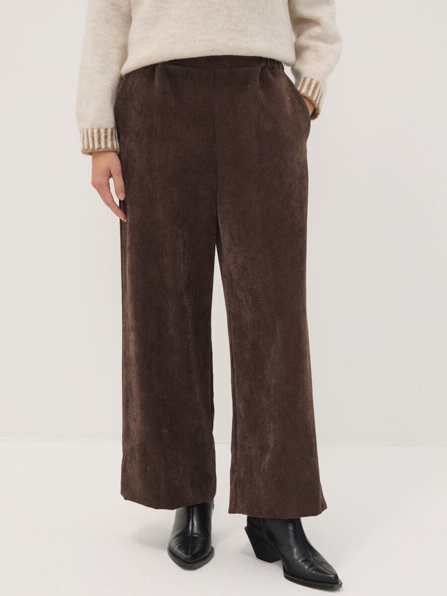 Brown wide-leg ribbed stretch viscose-blend trousers, regular fit_1