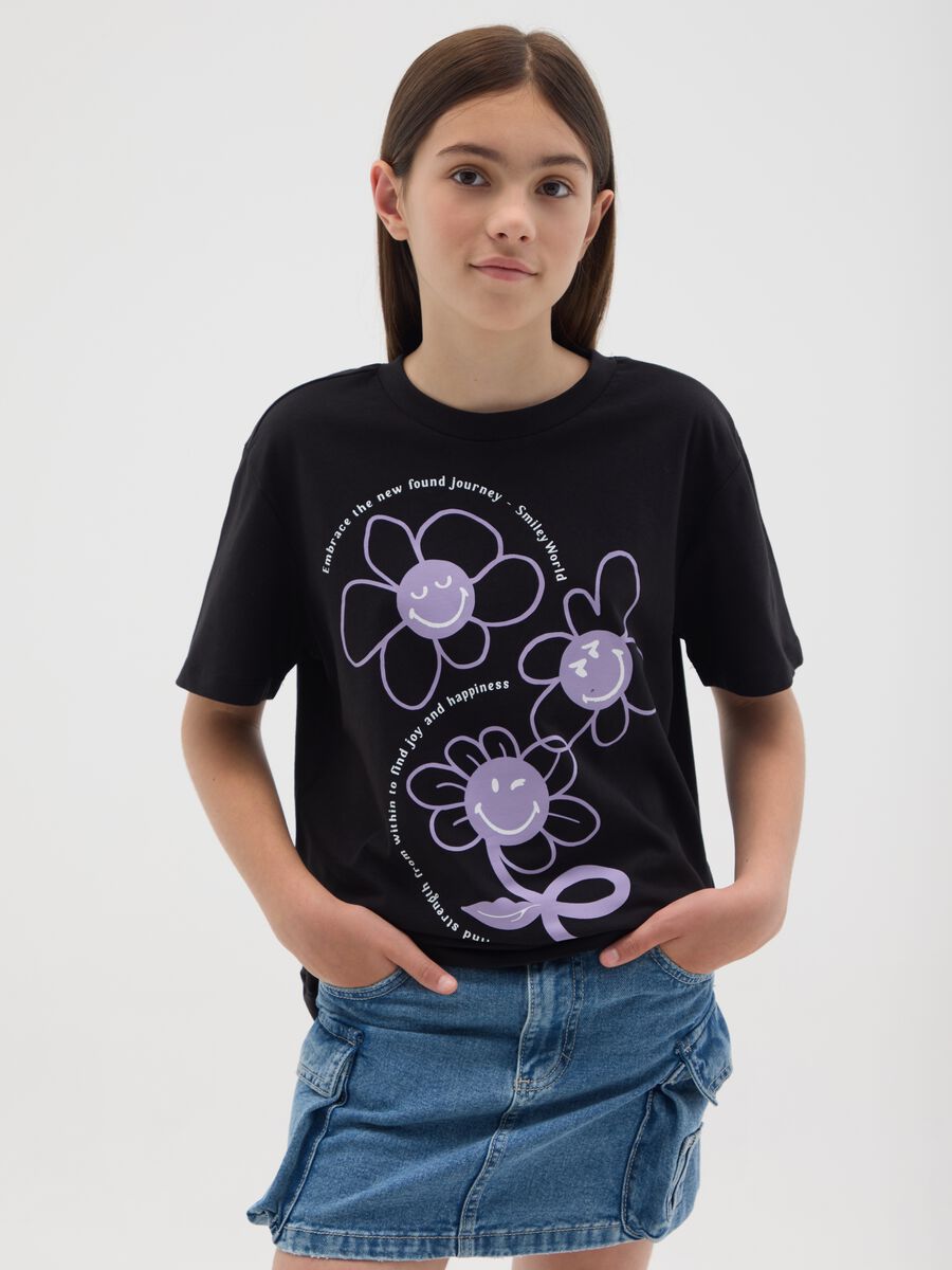 Girls' pure black cotton oversized T-shirt_0