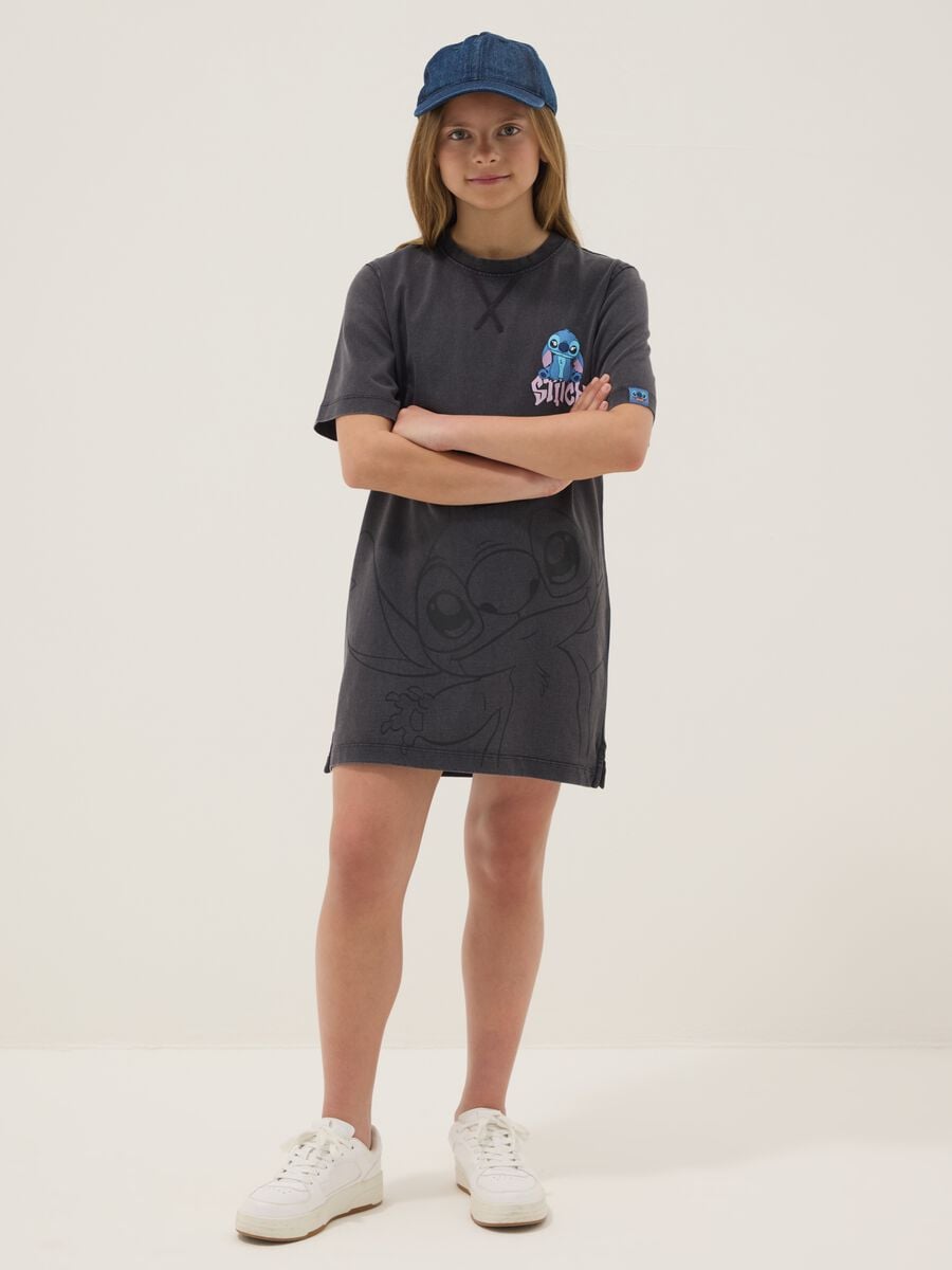 Abito grigio in puro cotone da ragazza con stampa Stitch relaxed fit_0