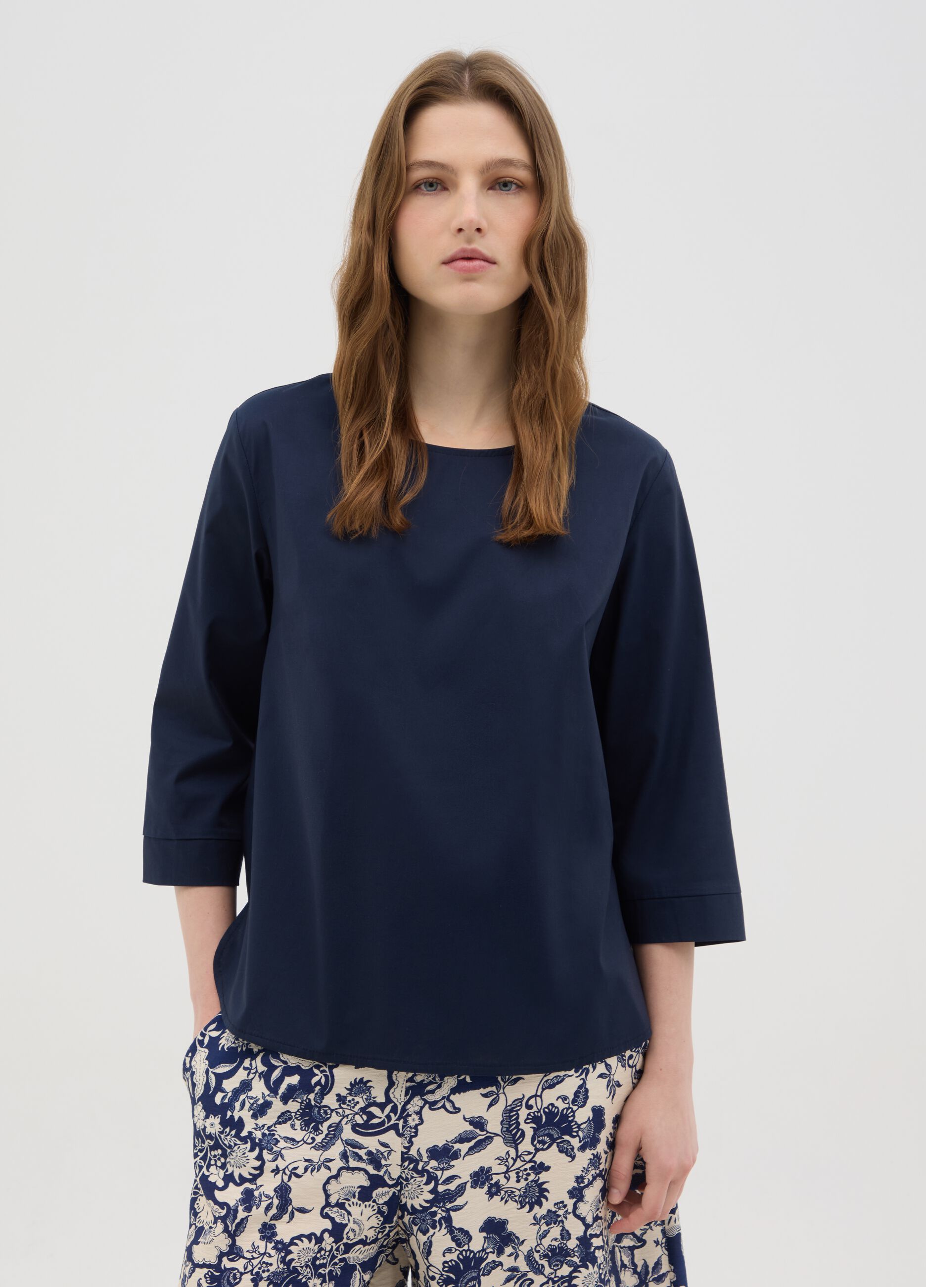 Women's blue cotton regular fit top with round neckline