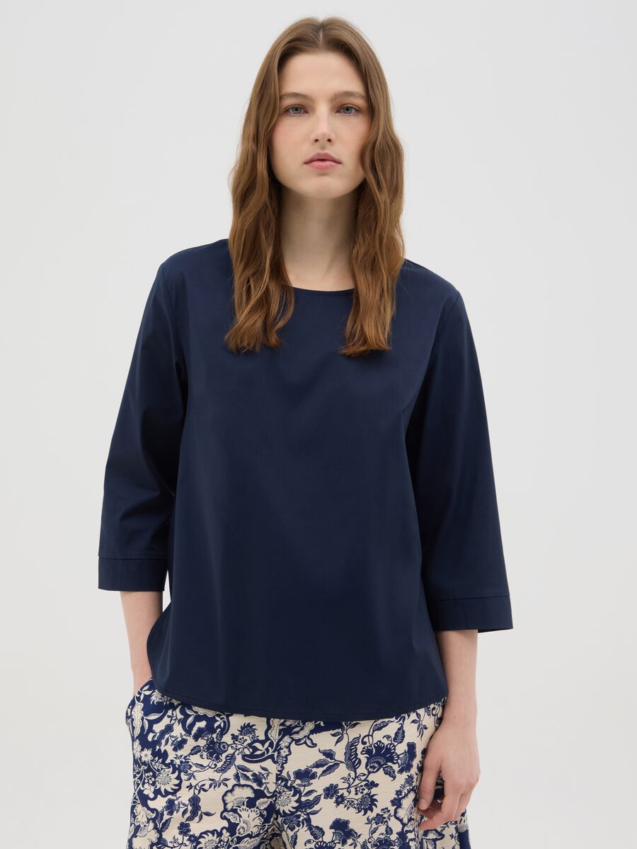 Women's blue cotton regular fit top with round neckline_0