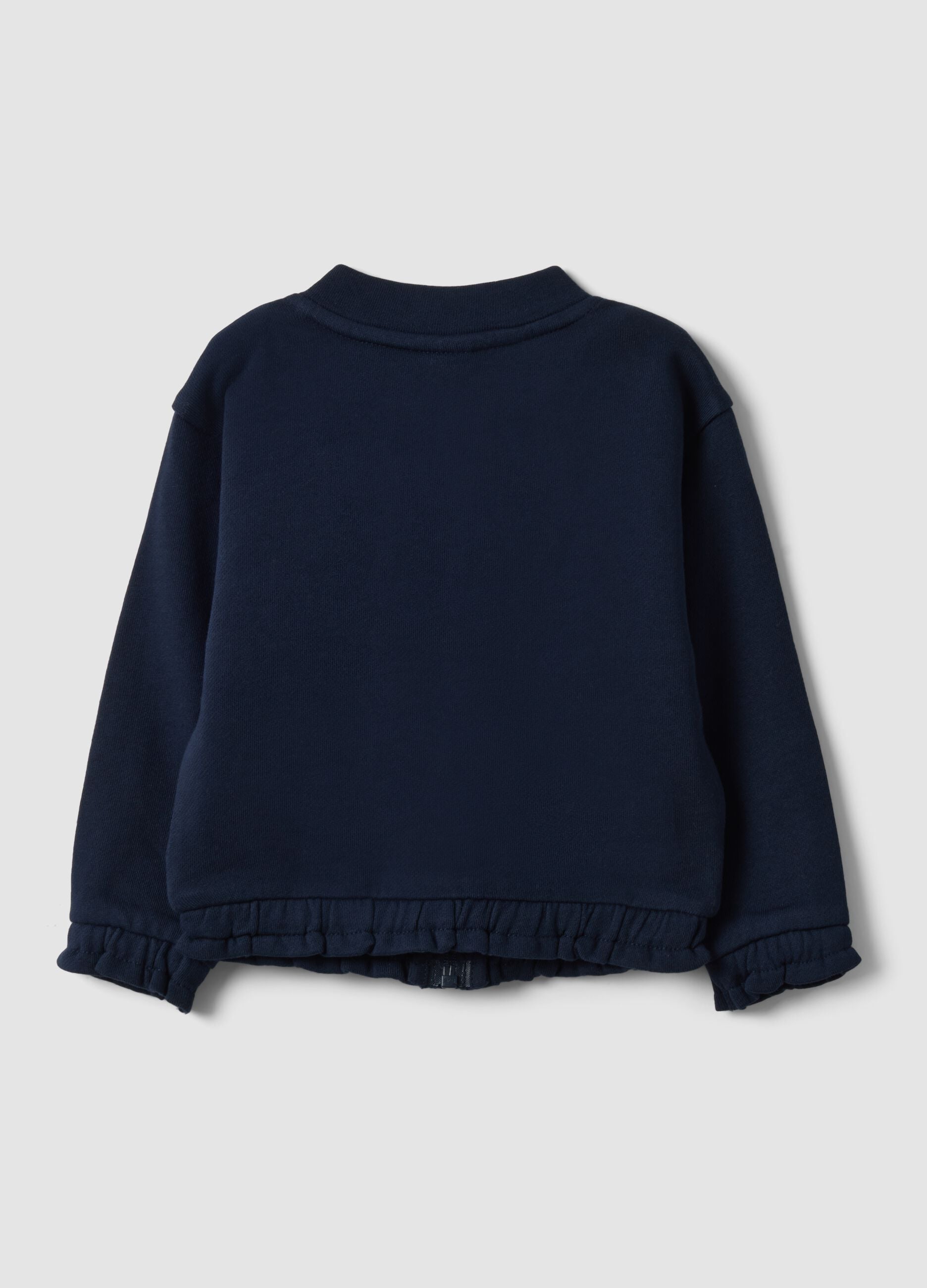 Blue pure cotton sweatshirt with crew neck, zip and teddy bear detail for baby girl
