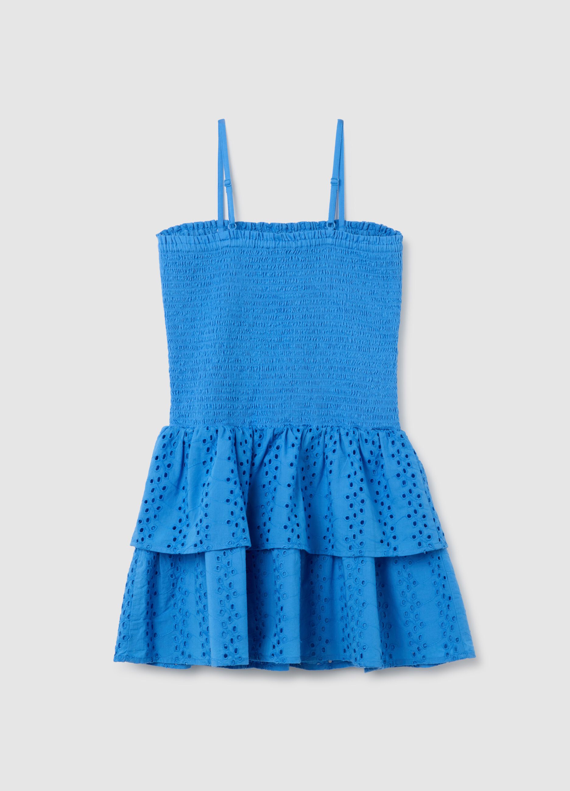 Girls' blue pure cotton dress, regular fit with ruffles and thin straps