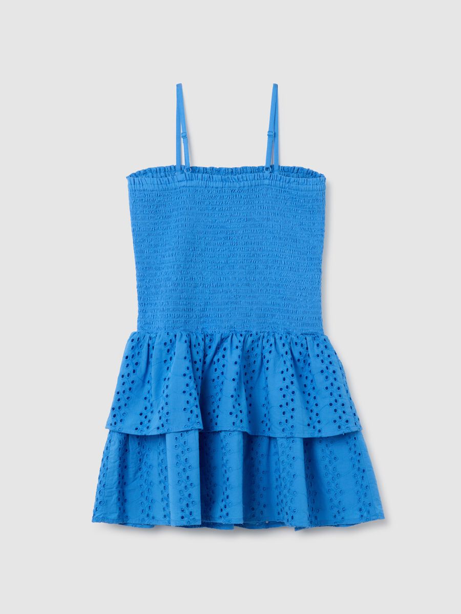 Abito da ragazza in puro cotone blu regular fit con balze e spalline sottili_1