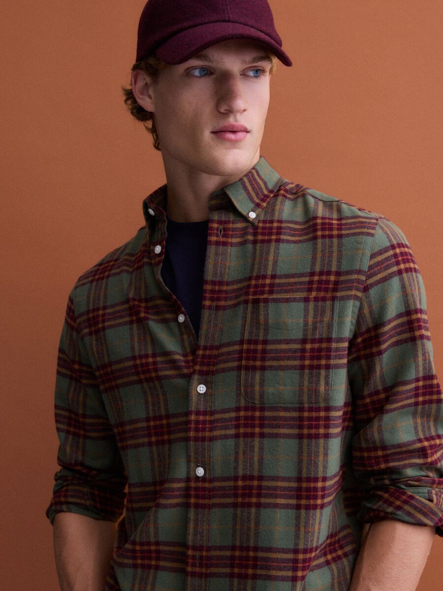Camicia flanella verde e gialla a quadri in puro cotone regular fit_0