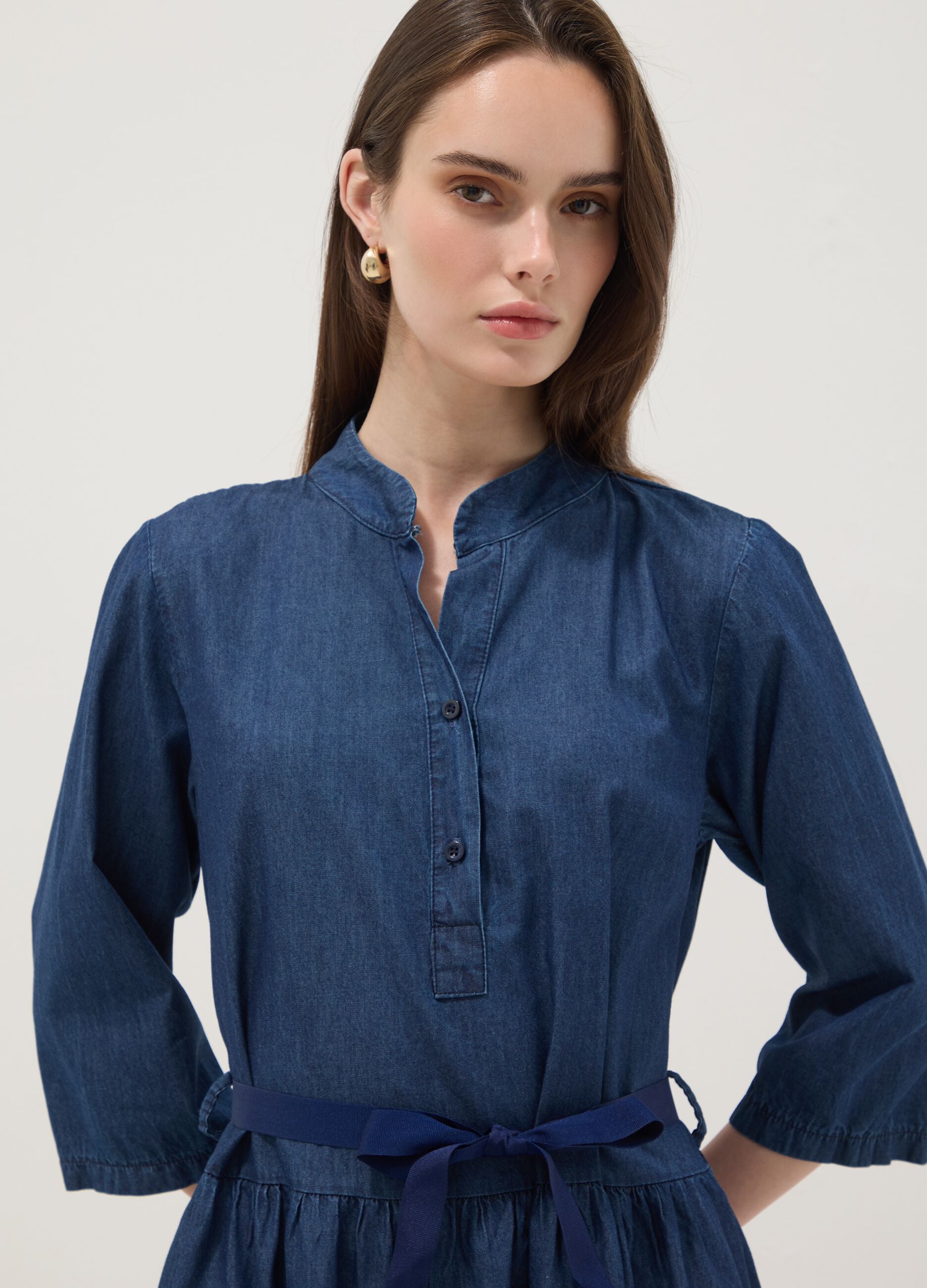 Blue stretch-cotton shirt dress with belt, regular fit