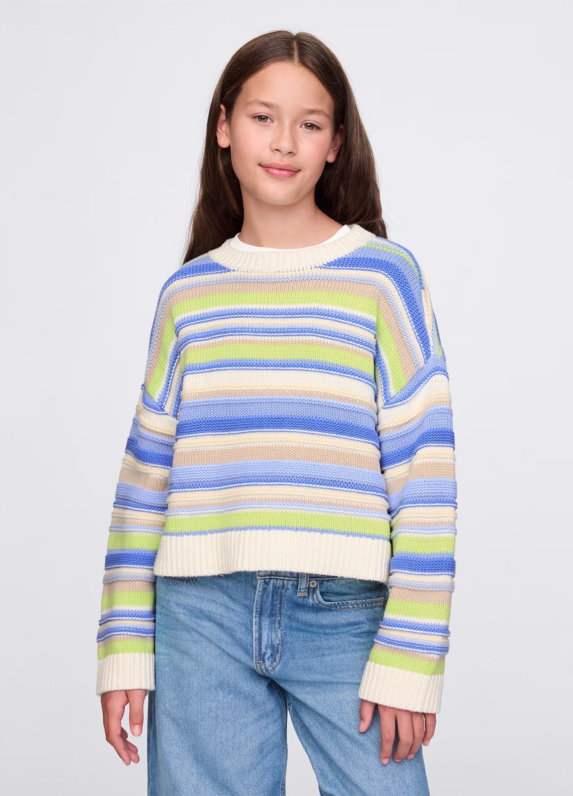Green and light blue pullover in striped cotton