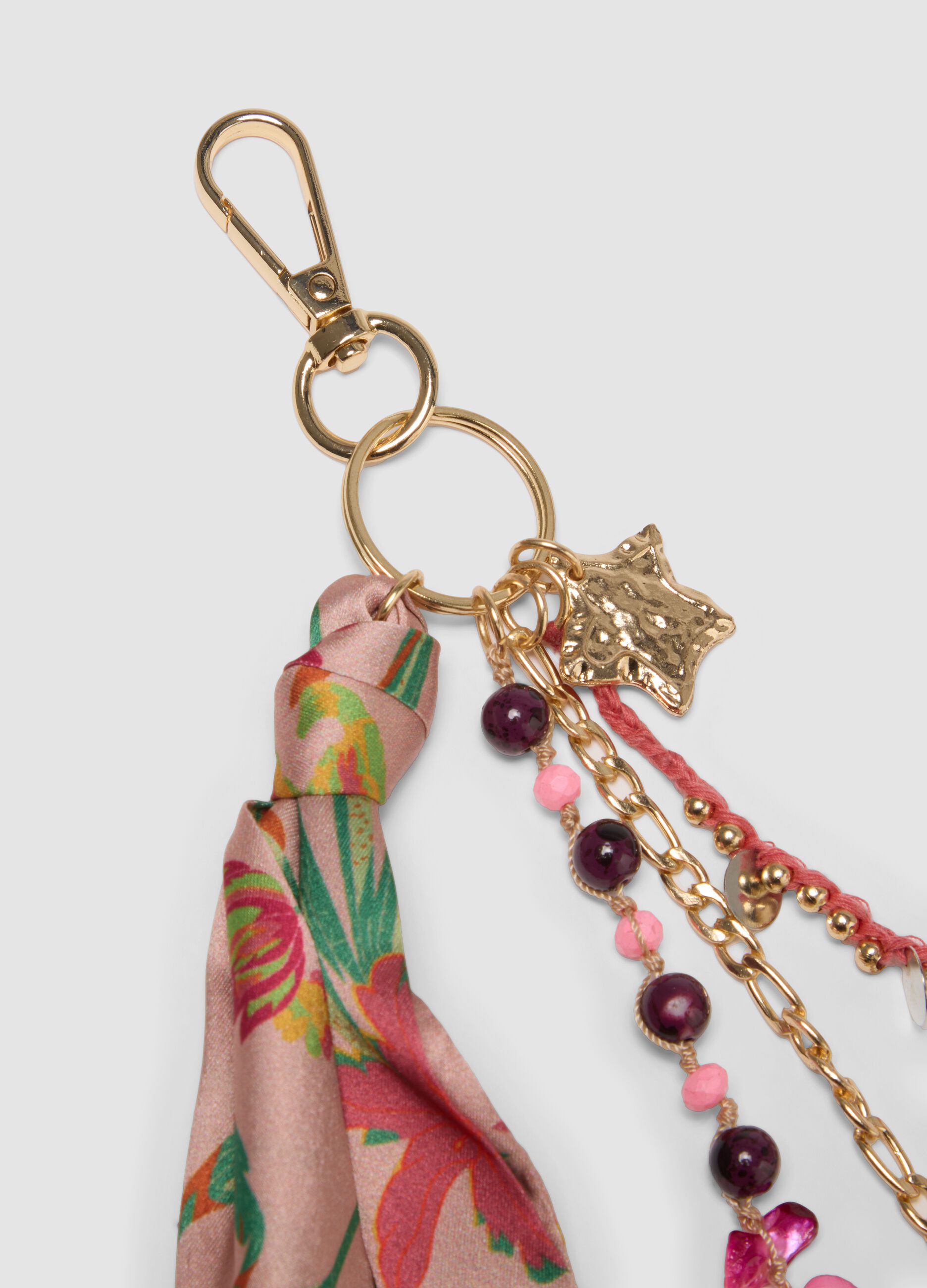 Pink keyring with floral scarf and charms