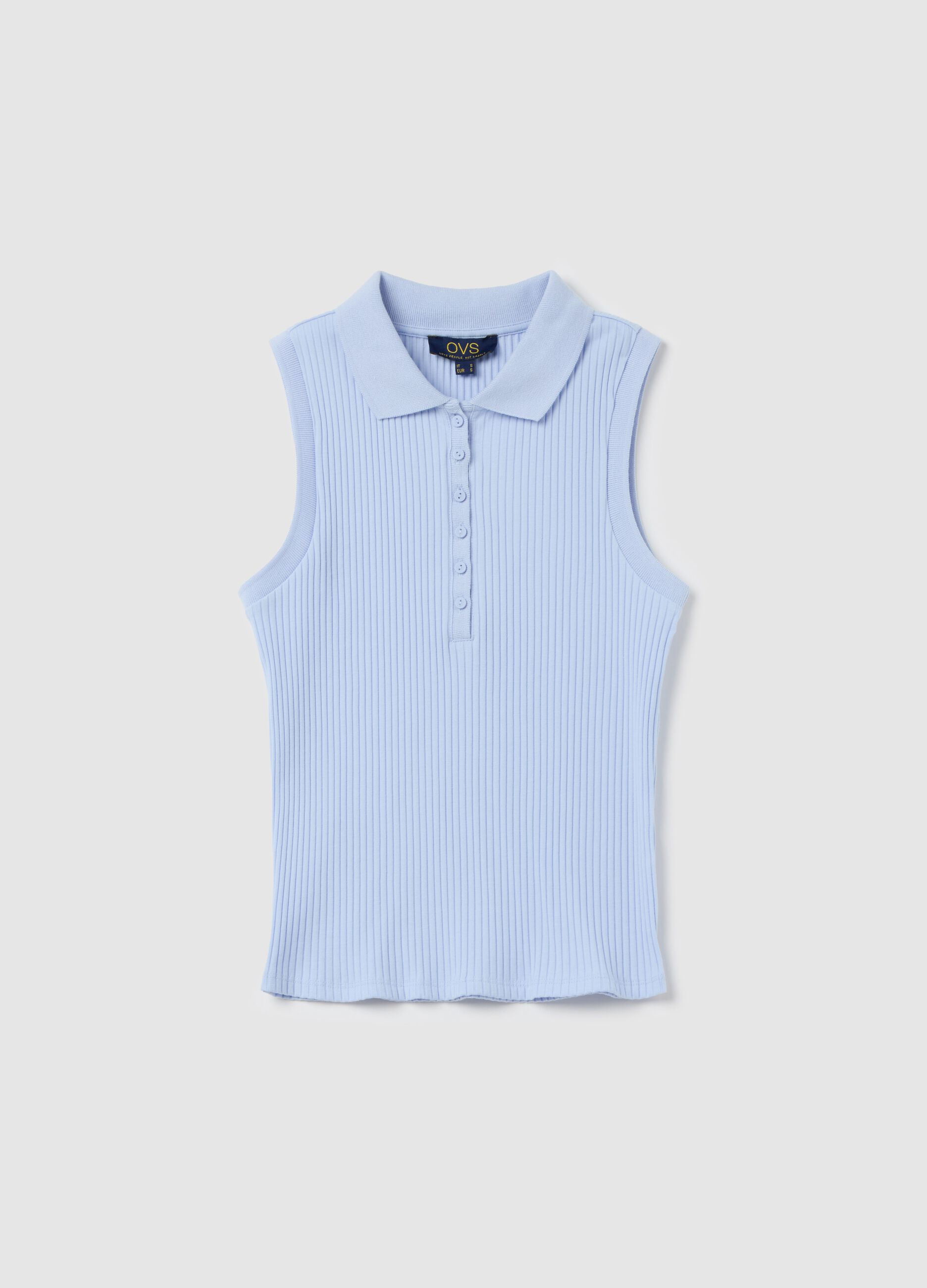 Light blue sleeveless polo shirt with ribbing