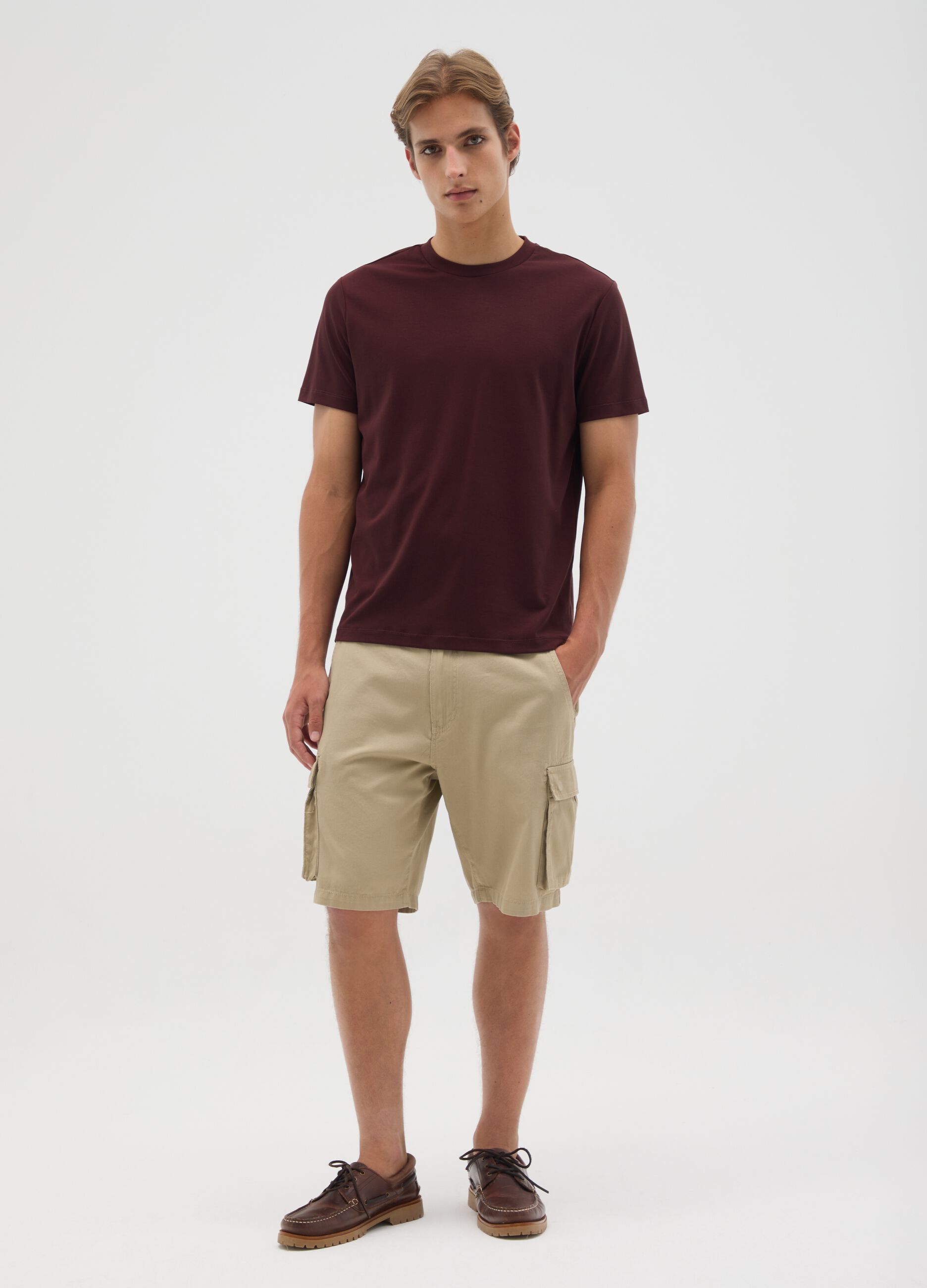 Men's beige regular fit pure cotton Bermuda shorts