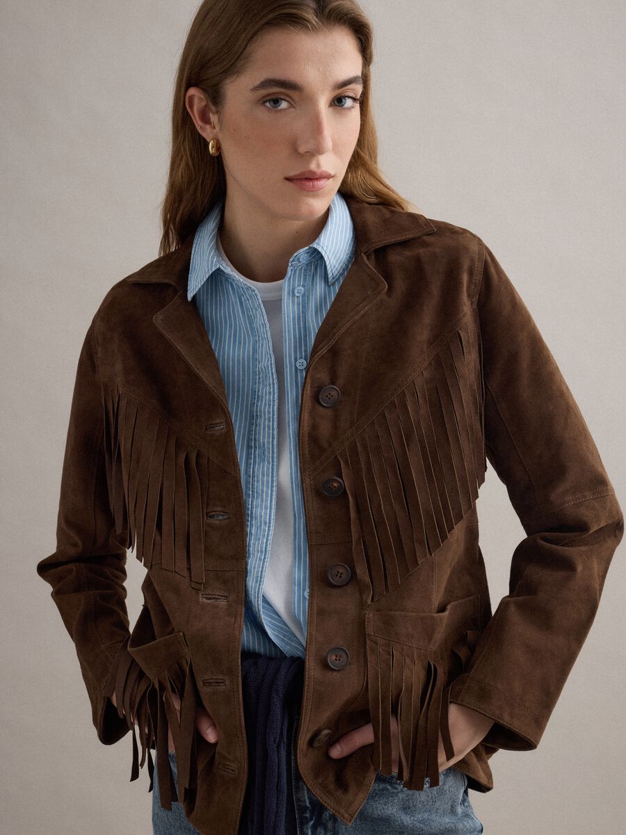 Brown genuine leather jacket with fringes_1