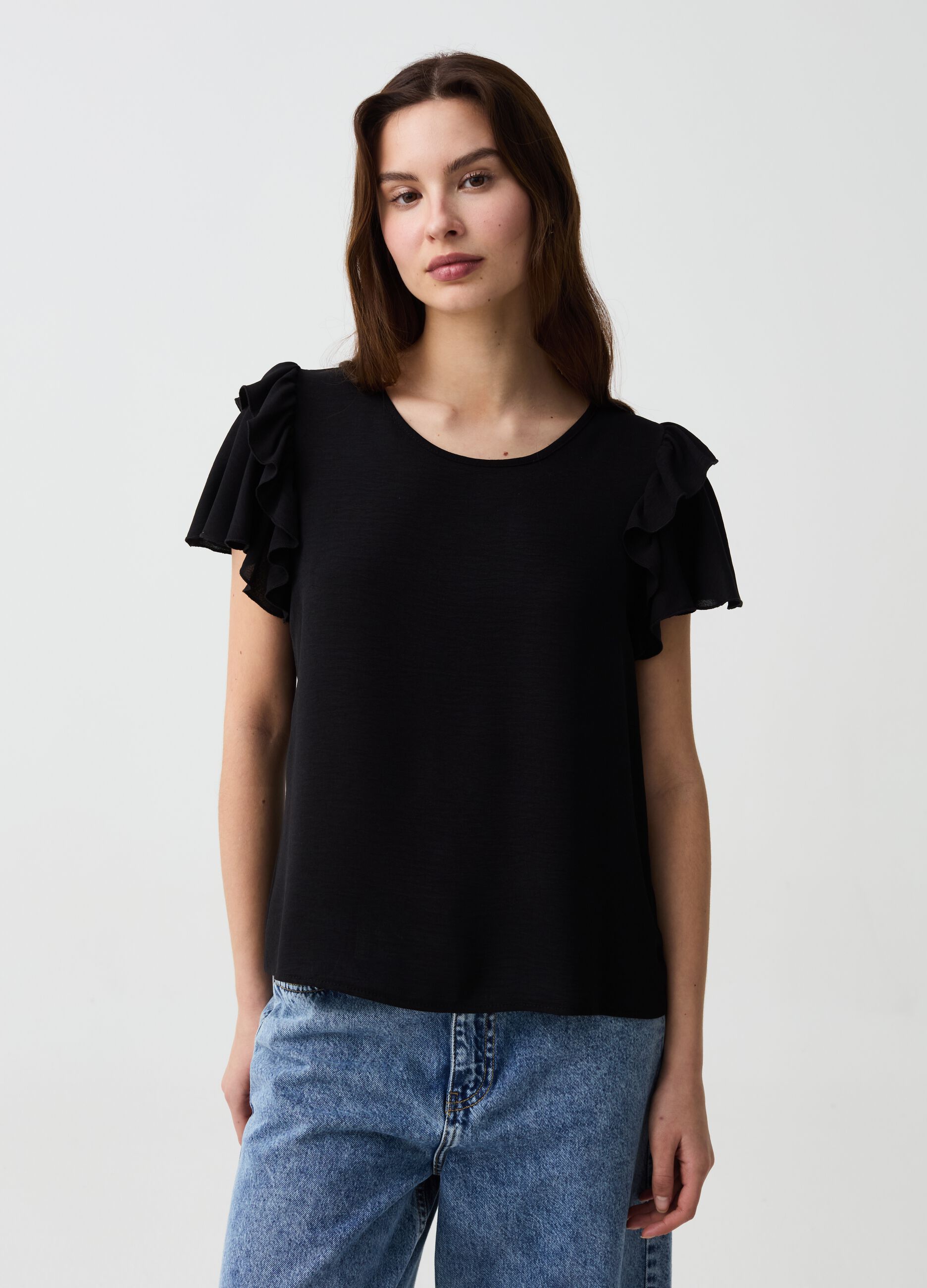 Crêpe T-shirt with butterfly sleeves