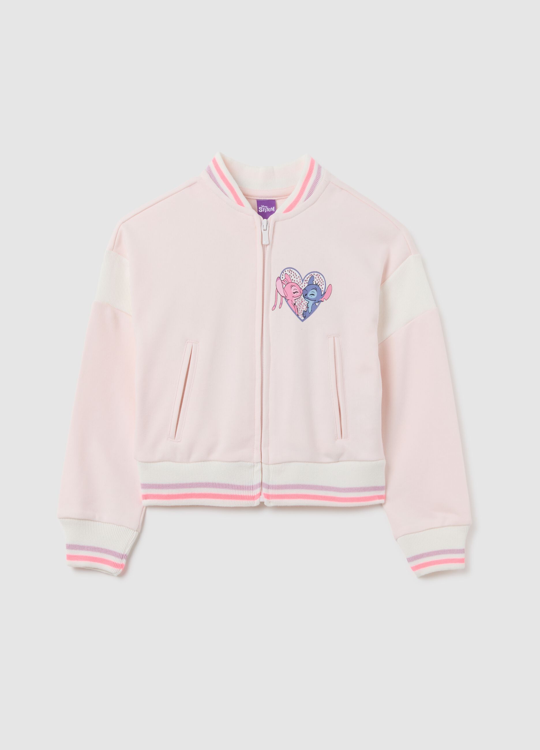 Girls' pink cotton bomber jacket regular fit with Stitch print