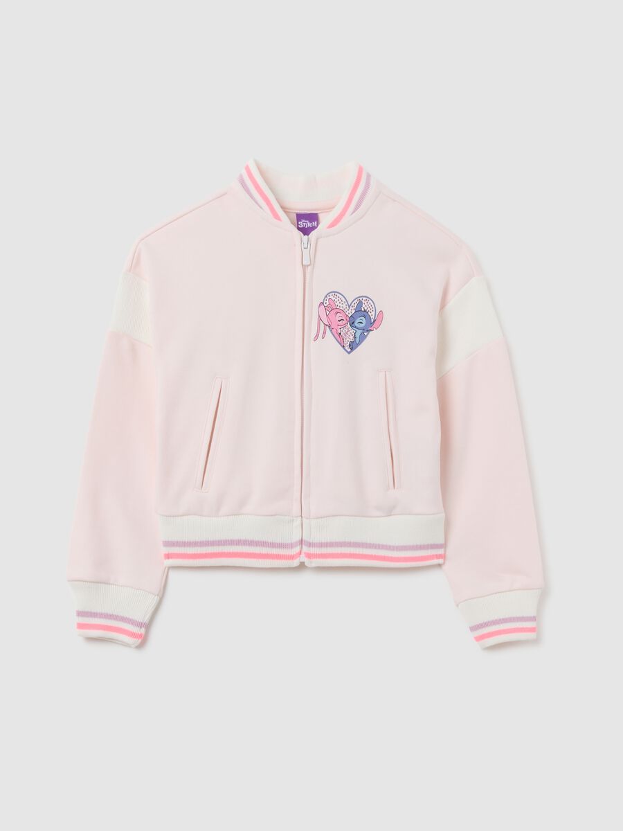 Girls' pink cotton bomber jacket regular fit with Stitch print_0