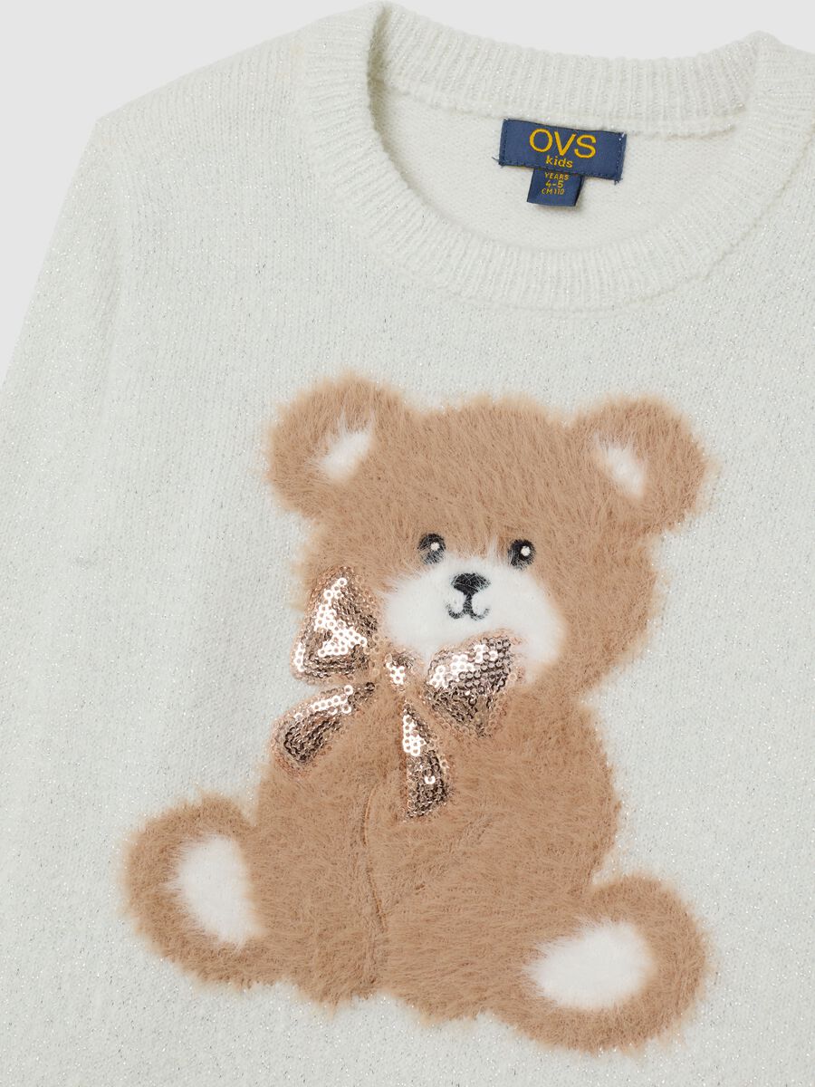 Girls' white regular fit jumper with bear motif and sequins_2