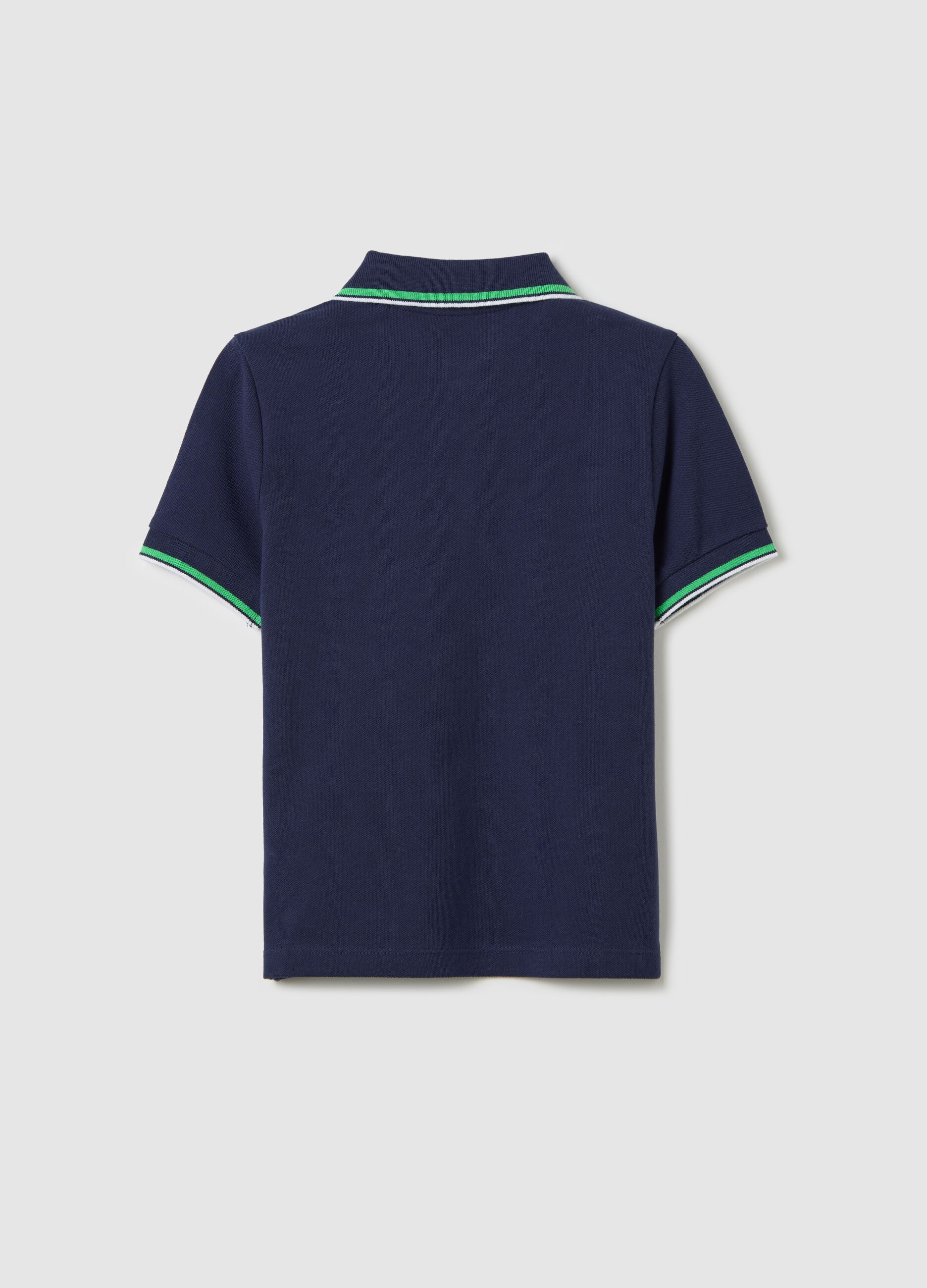 Blue cotton polo shirt with striped edging