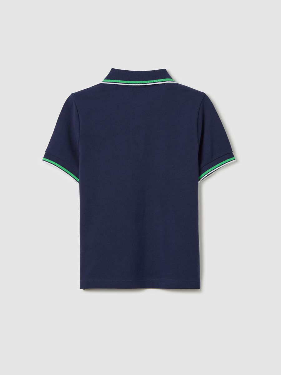 Blue cotton polo shirt with striped edging_1