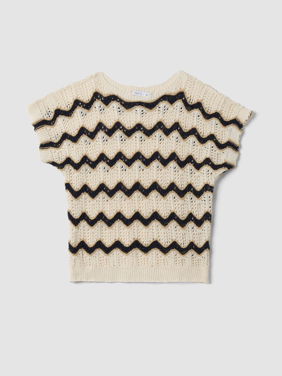 T-shirt beige in cotone elasticizzato con lavorazione traforata_4
