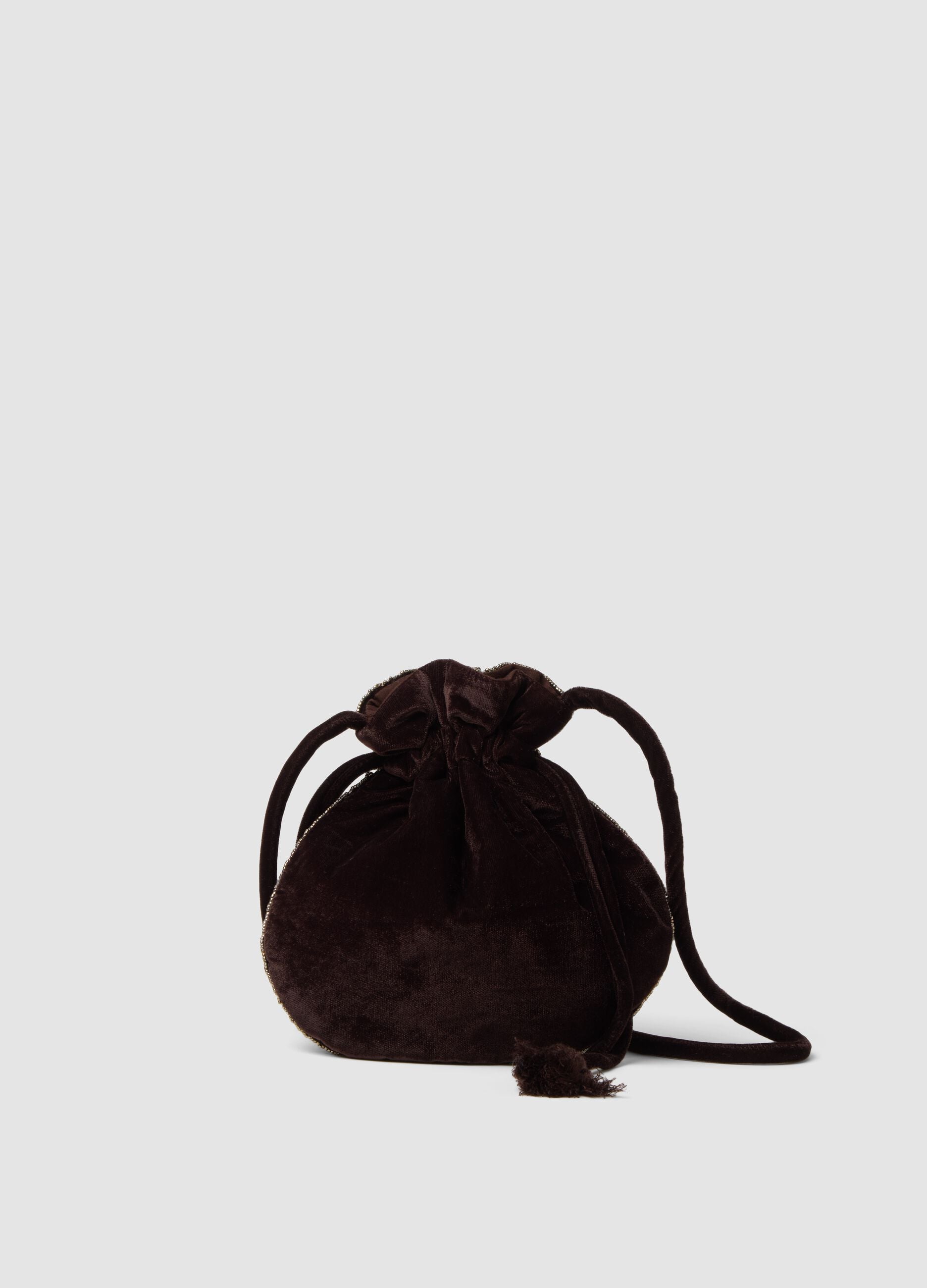 Dark brown bucket bag with beaded embroidery