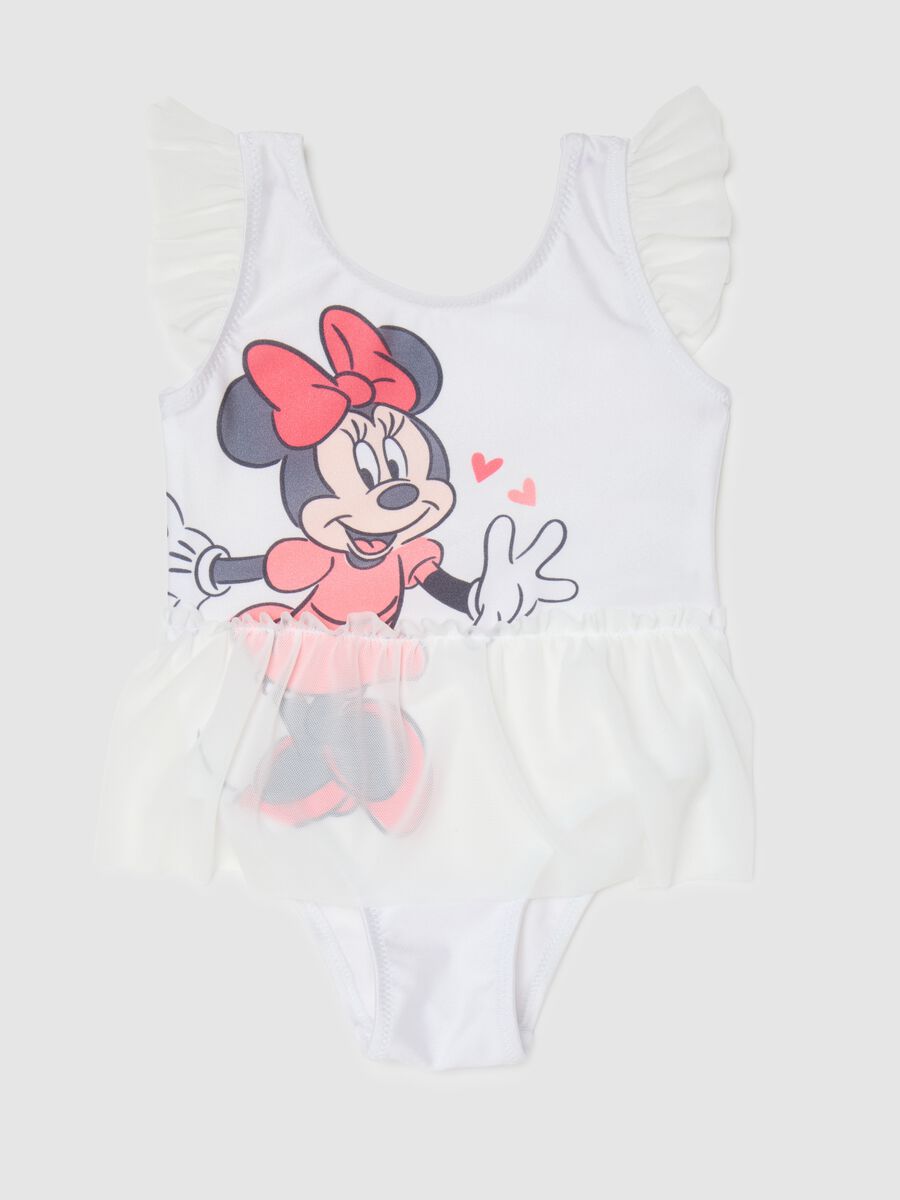 Body da bambina in tessuto elasticizzato bianco con stampa Minnie e dettagli a balze_0