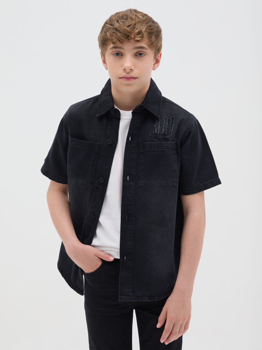 Black shirt in denim with embroidery_0