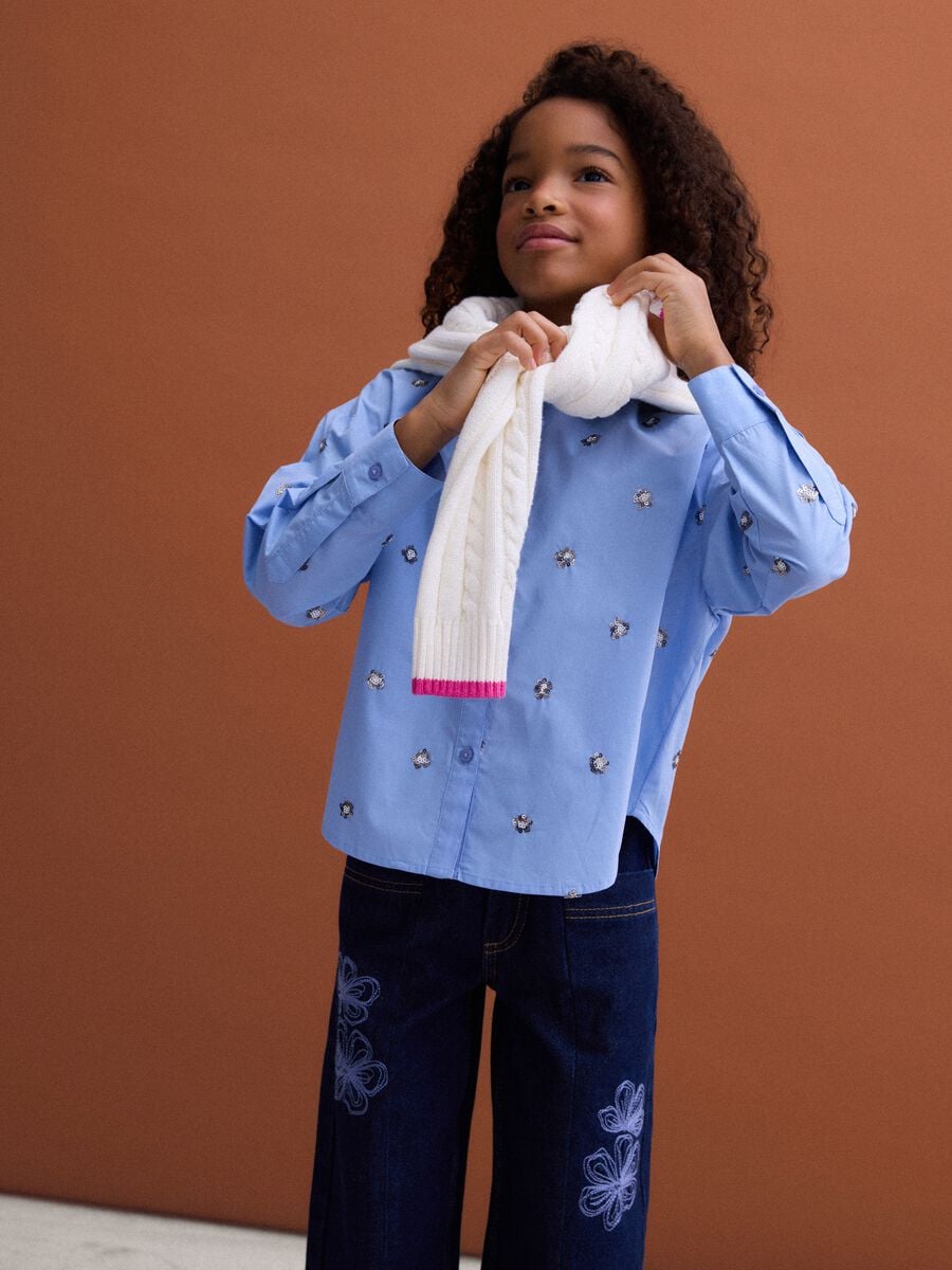 Light blue oversized pure cotton shirt with floral sequins_0