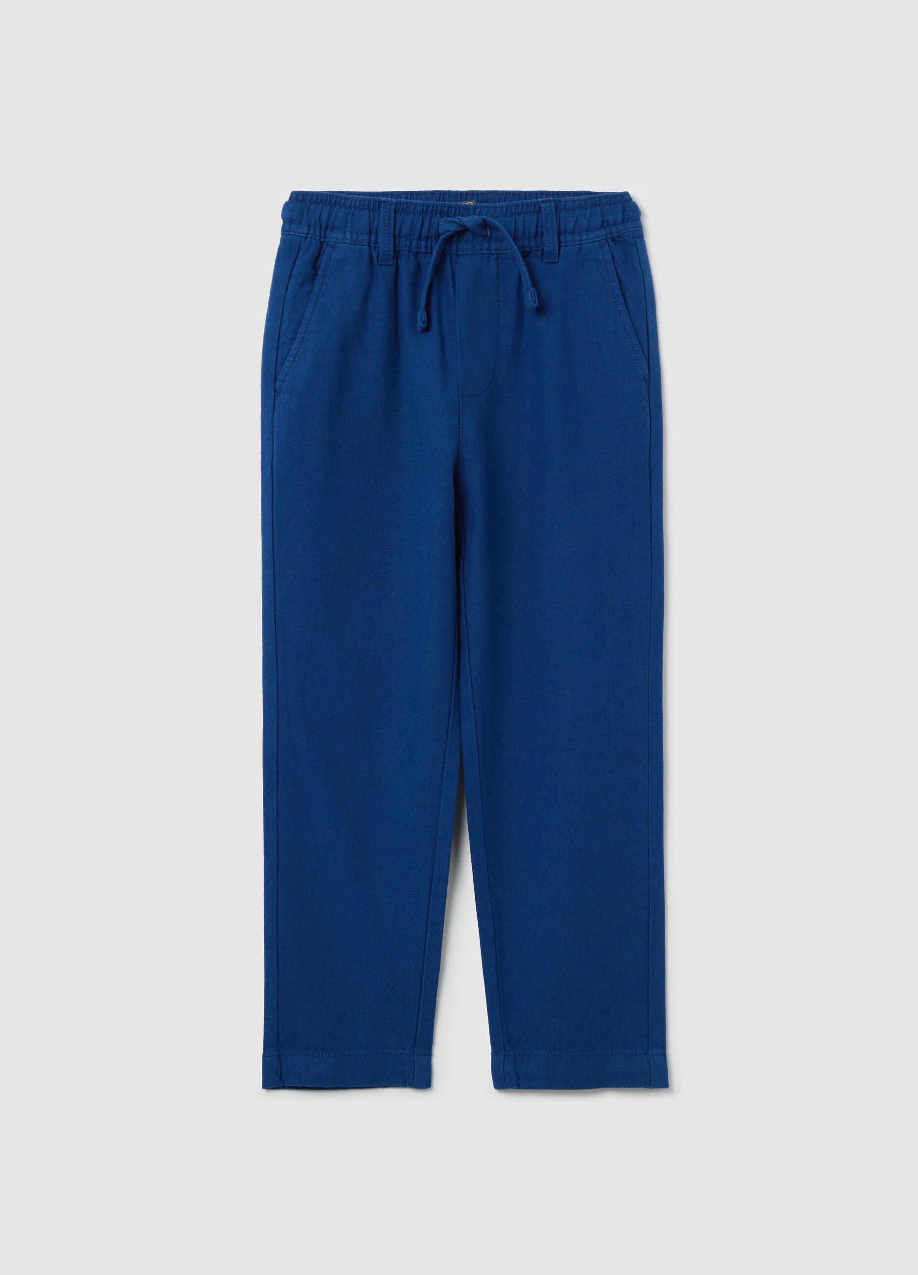 Pantaloni blu in cotone e lino con coulisse