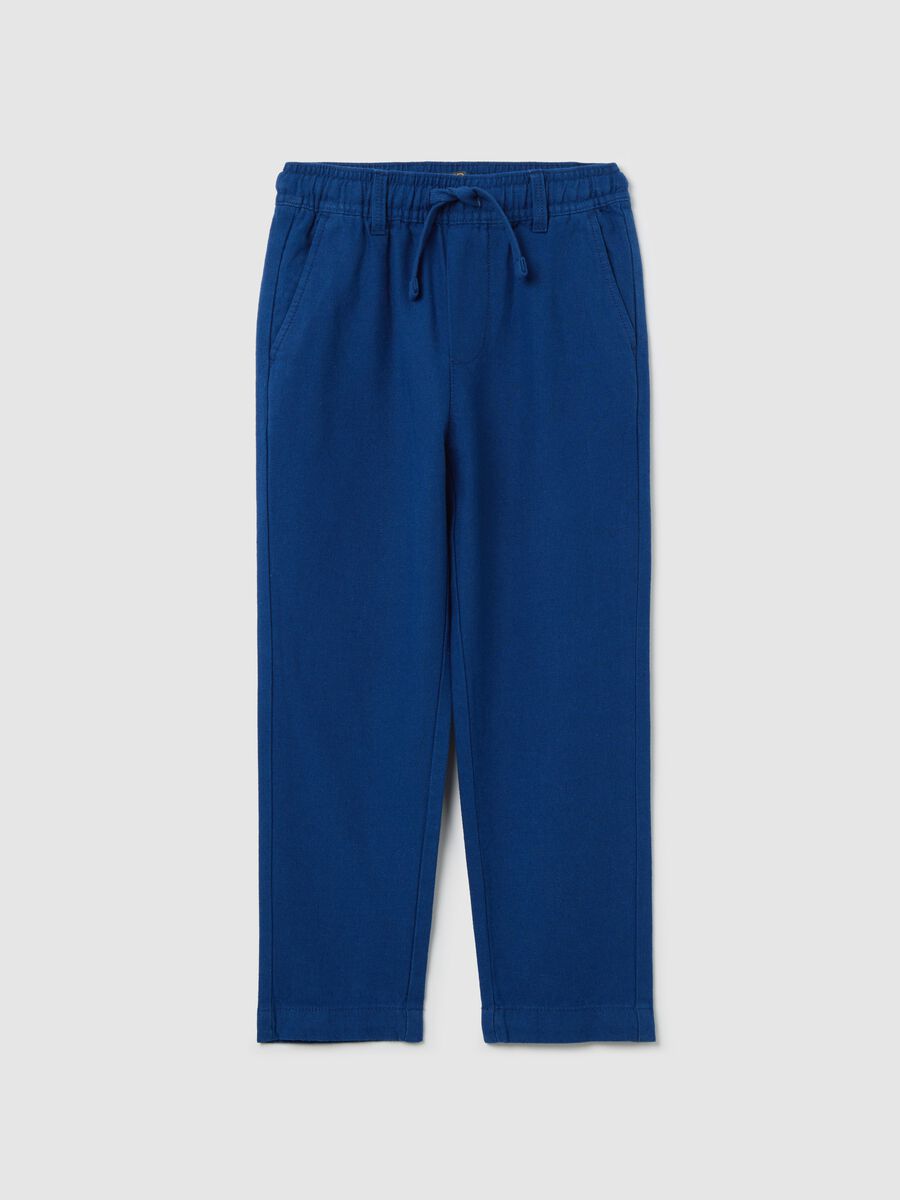 Blue trousers in cotton and linen with drawstring_0