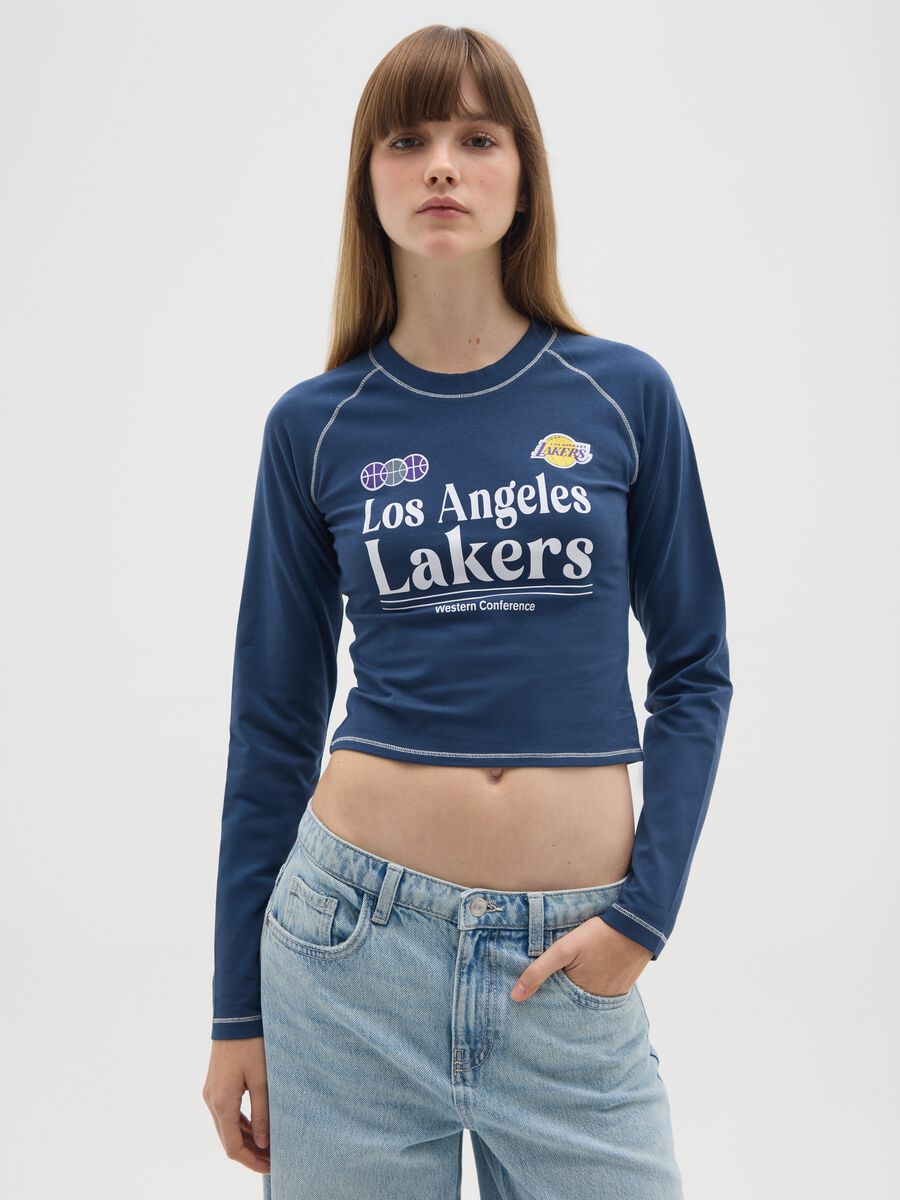 Blue stretch cotton shirt with Los Angeles Lakers logo_0