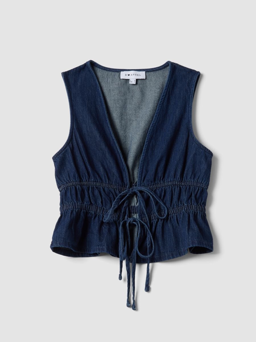 Blue sleeveless denim blouse in pure cotton, slim fit with tie fastening_4