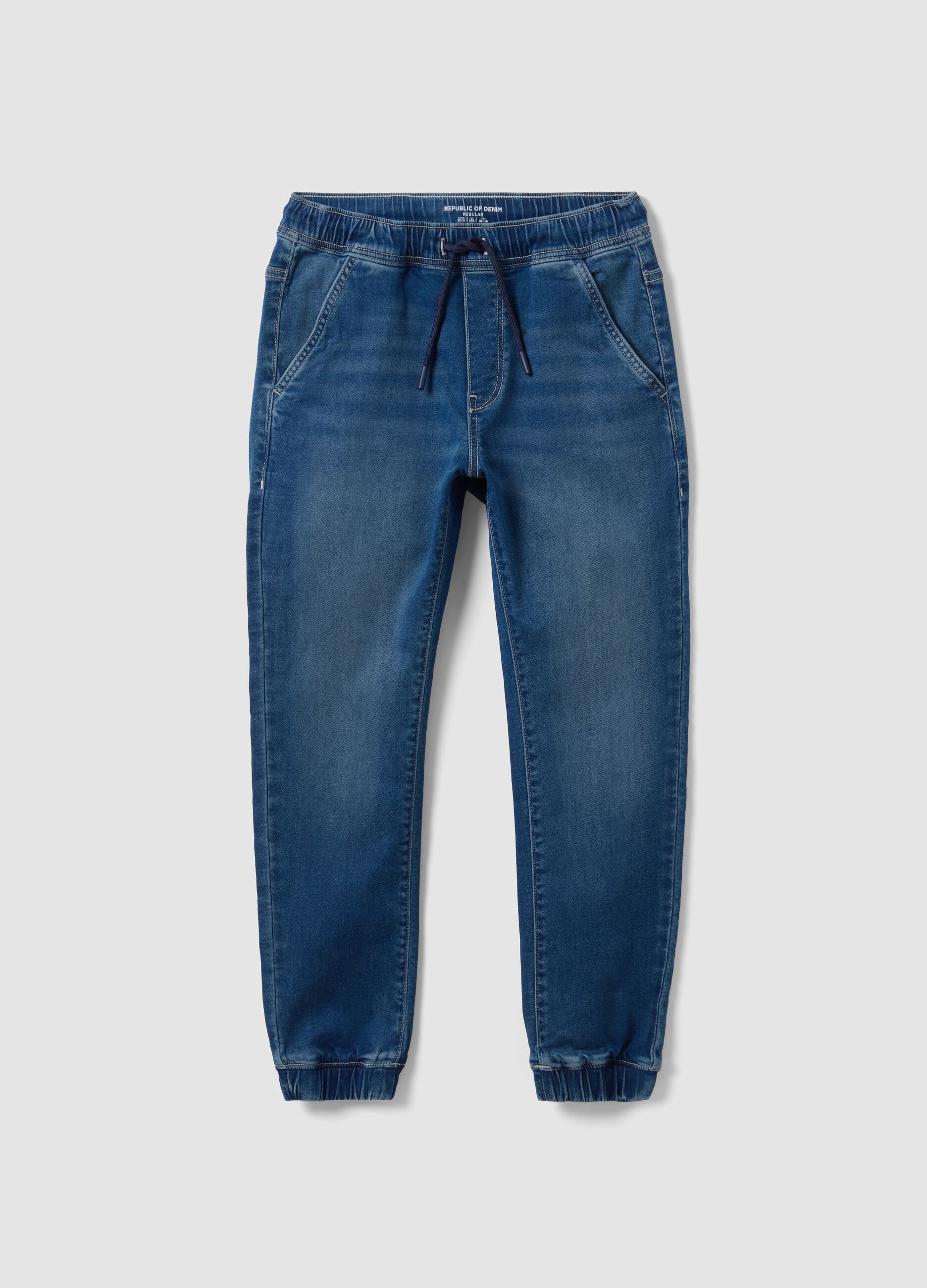 Blue stretch cotton jogger jeans with drawstring for boys
