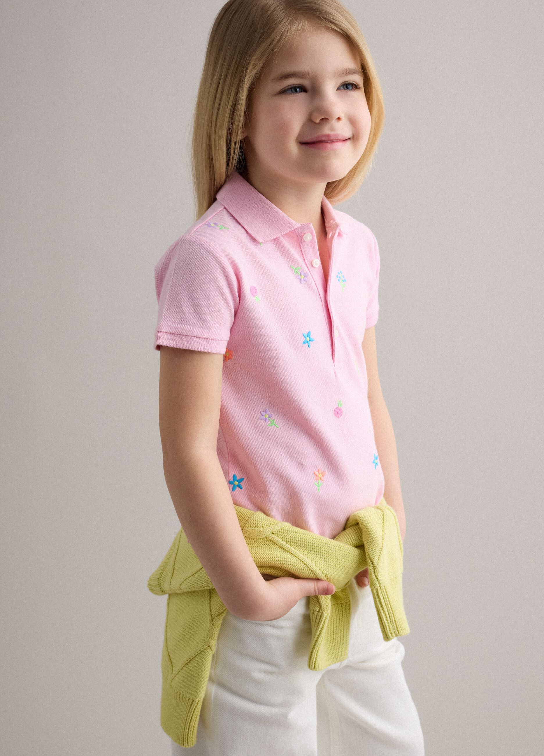 Girls' pink pure cotton polo, regular fit with embroidered flowers