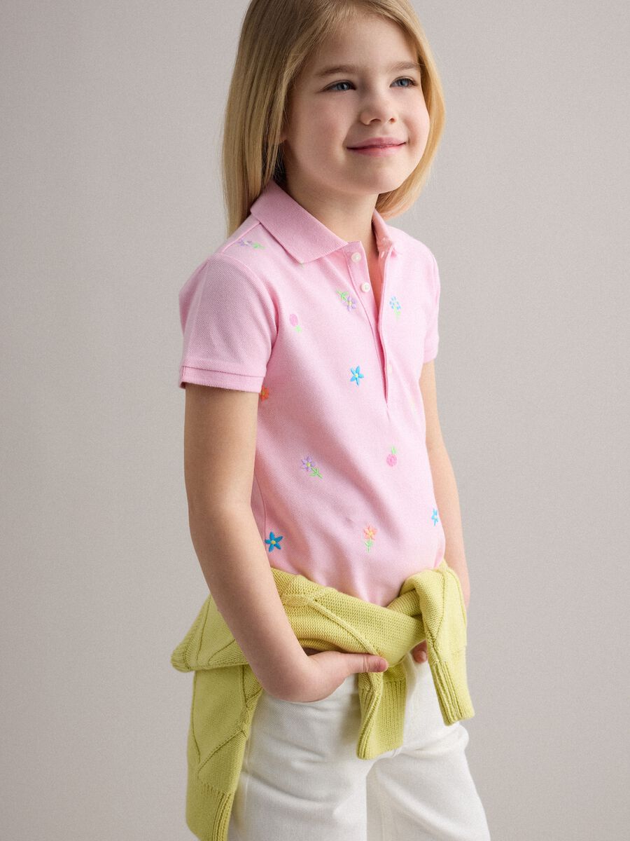 Girls' pink pure cotton polo, regular fit with embroidered flowers_0