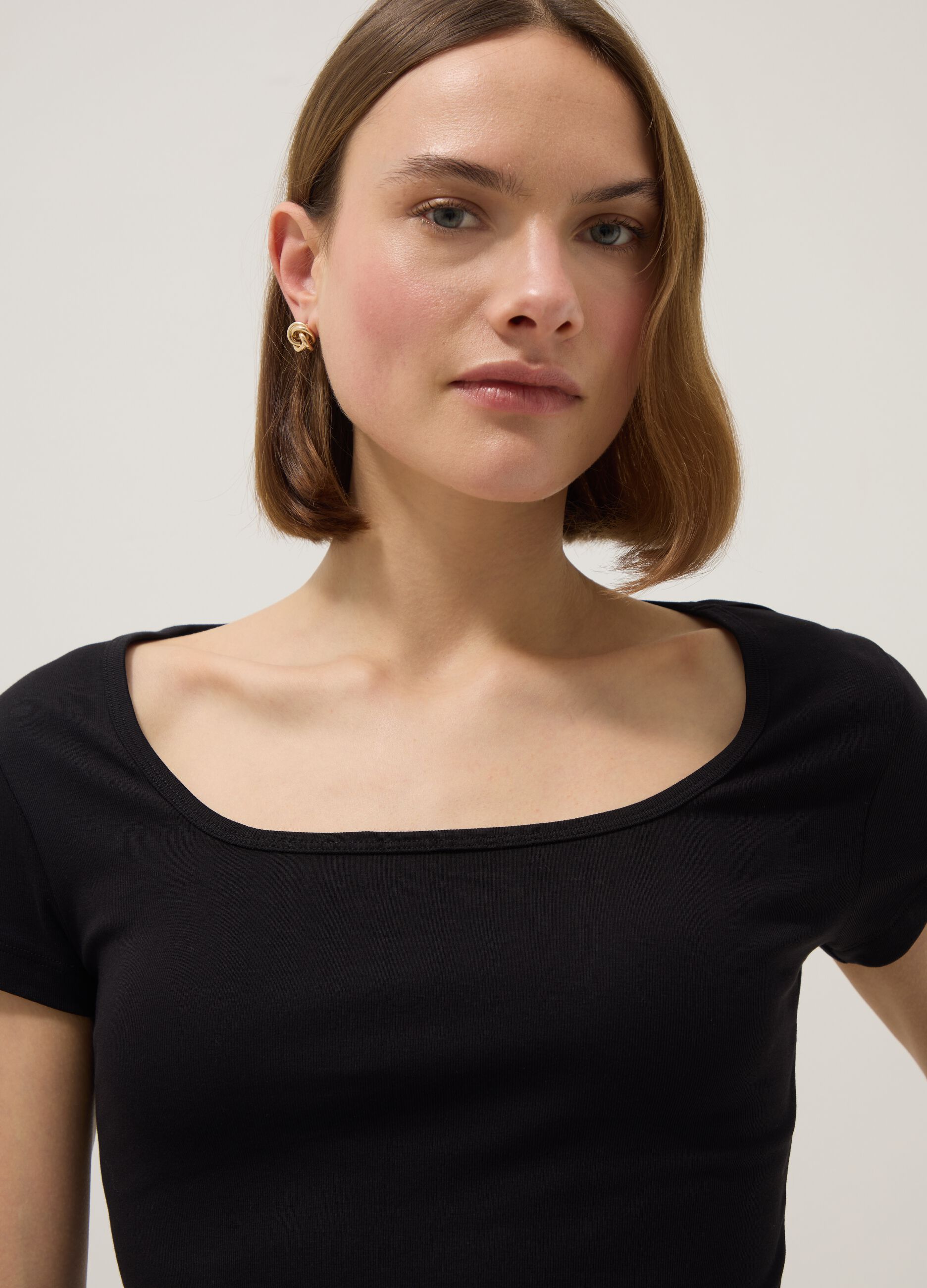 Black fitted stretch cotton T-shirt with square neckline