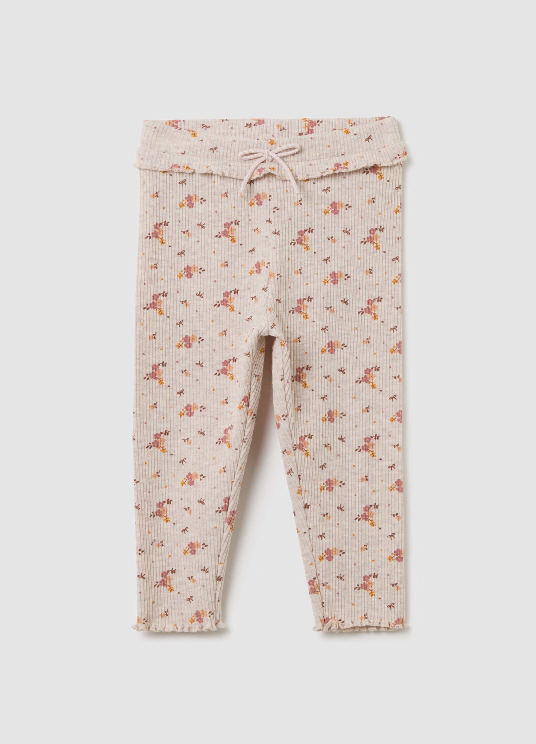 Beige Cotton Blend Floral Girl's Leggings