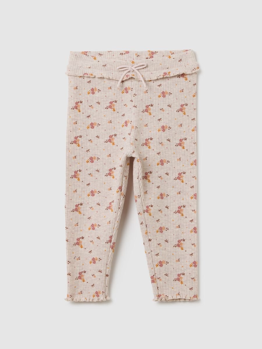 Beige Cotton Blend Floral Girl's Leggings_0