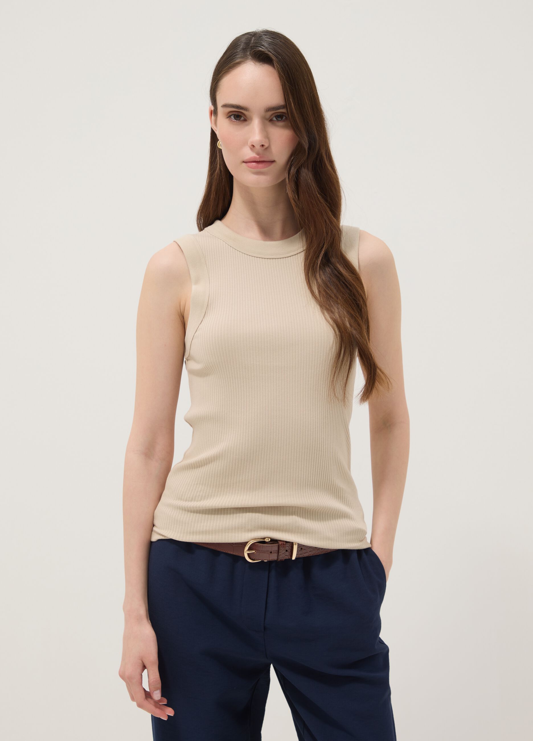 Beige fitted ribbed stretch-cotton tank top