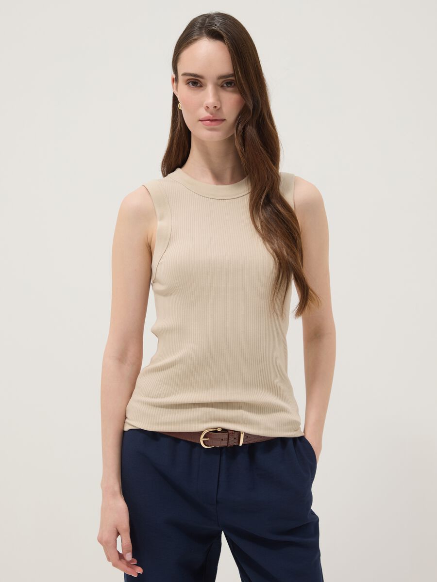 Tank top beige in cotone elasticizzato a costine fitted_1