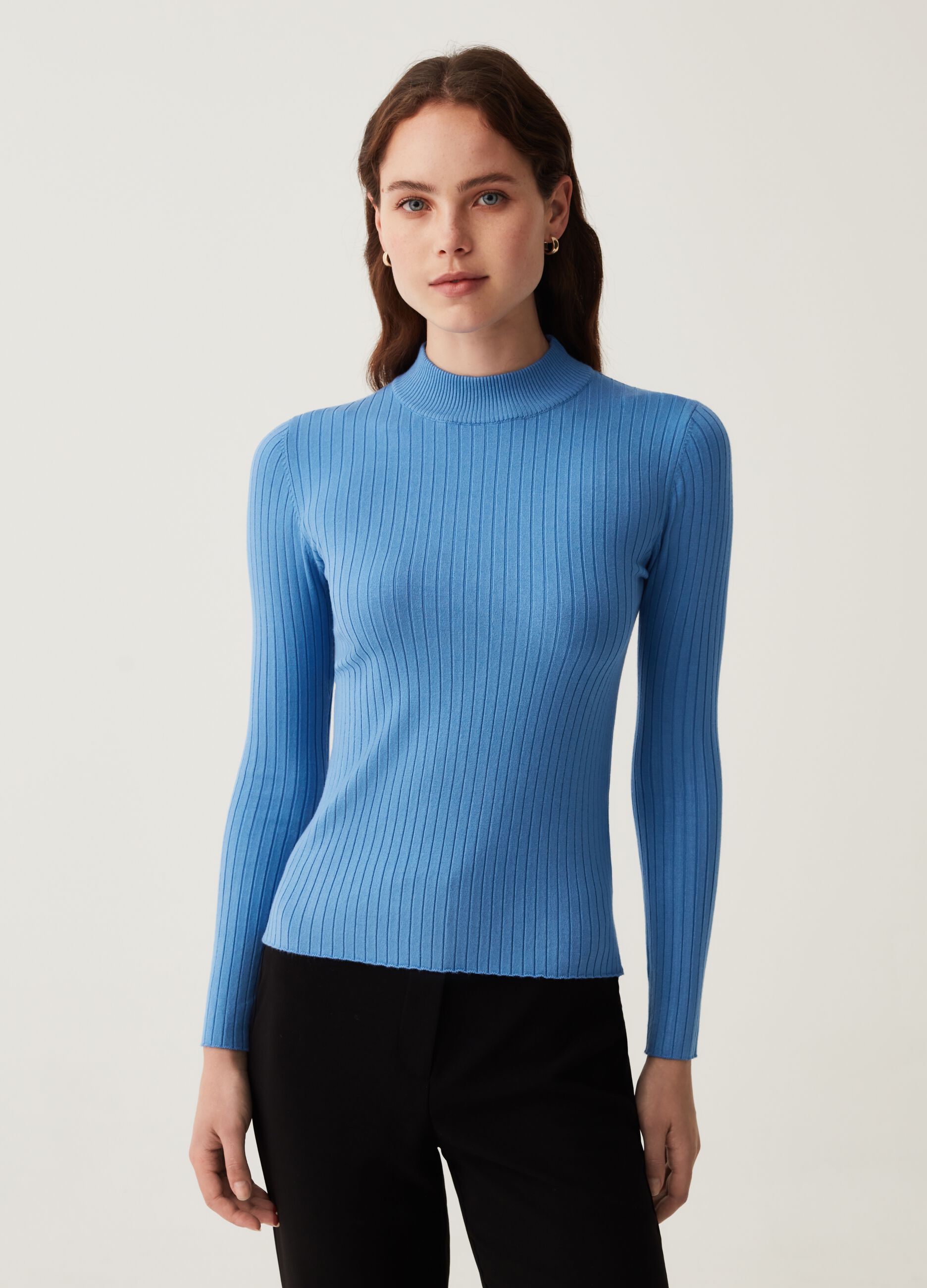 Pullover mock neck a coste piatte_0