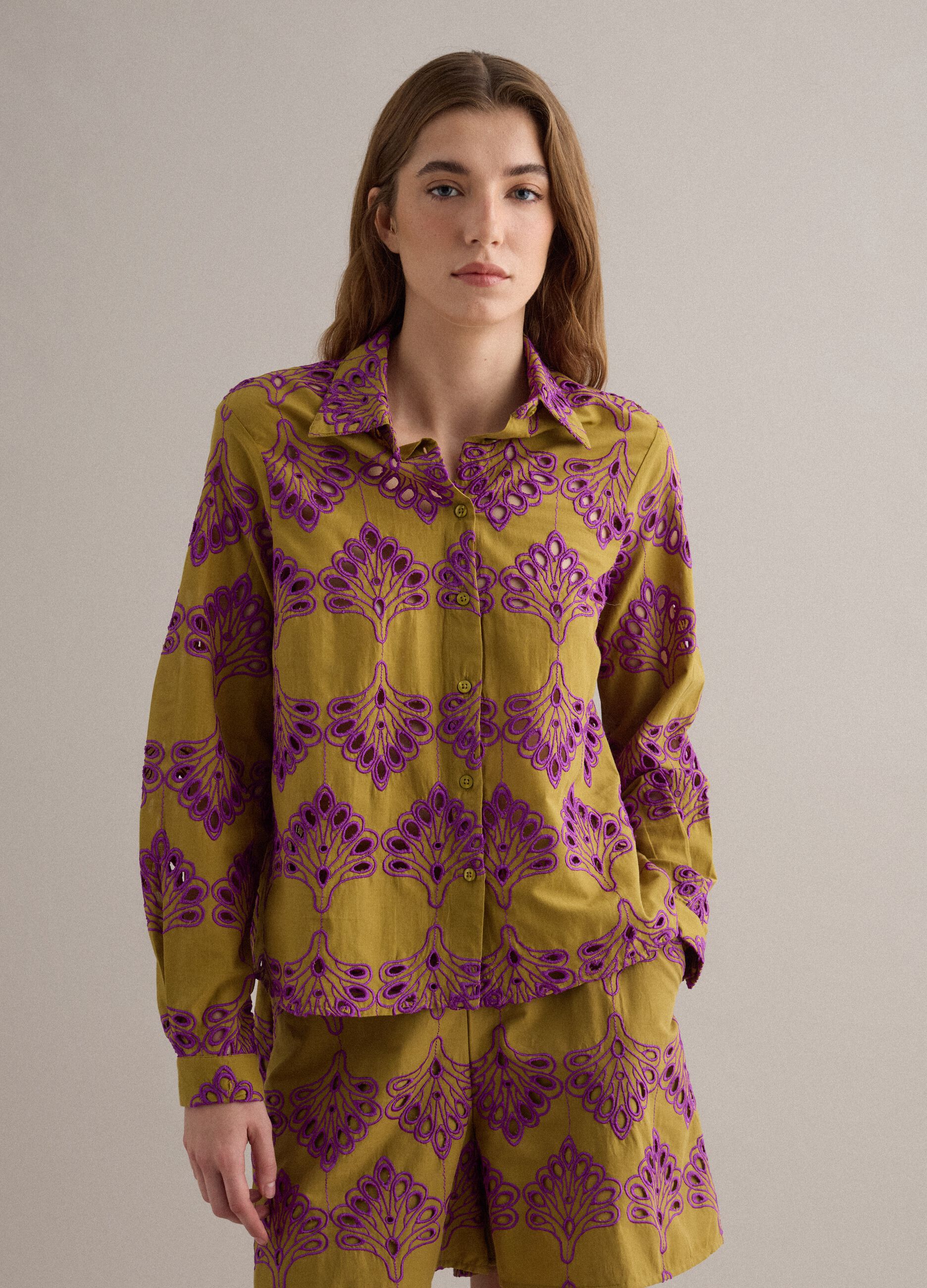 Multicolour pure cotton shirt with eyelet embroidery, regular fit