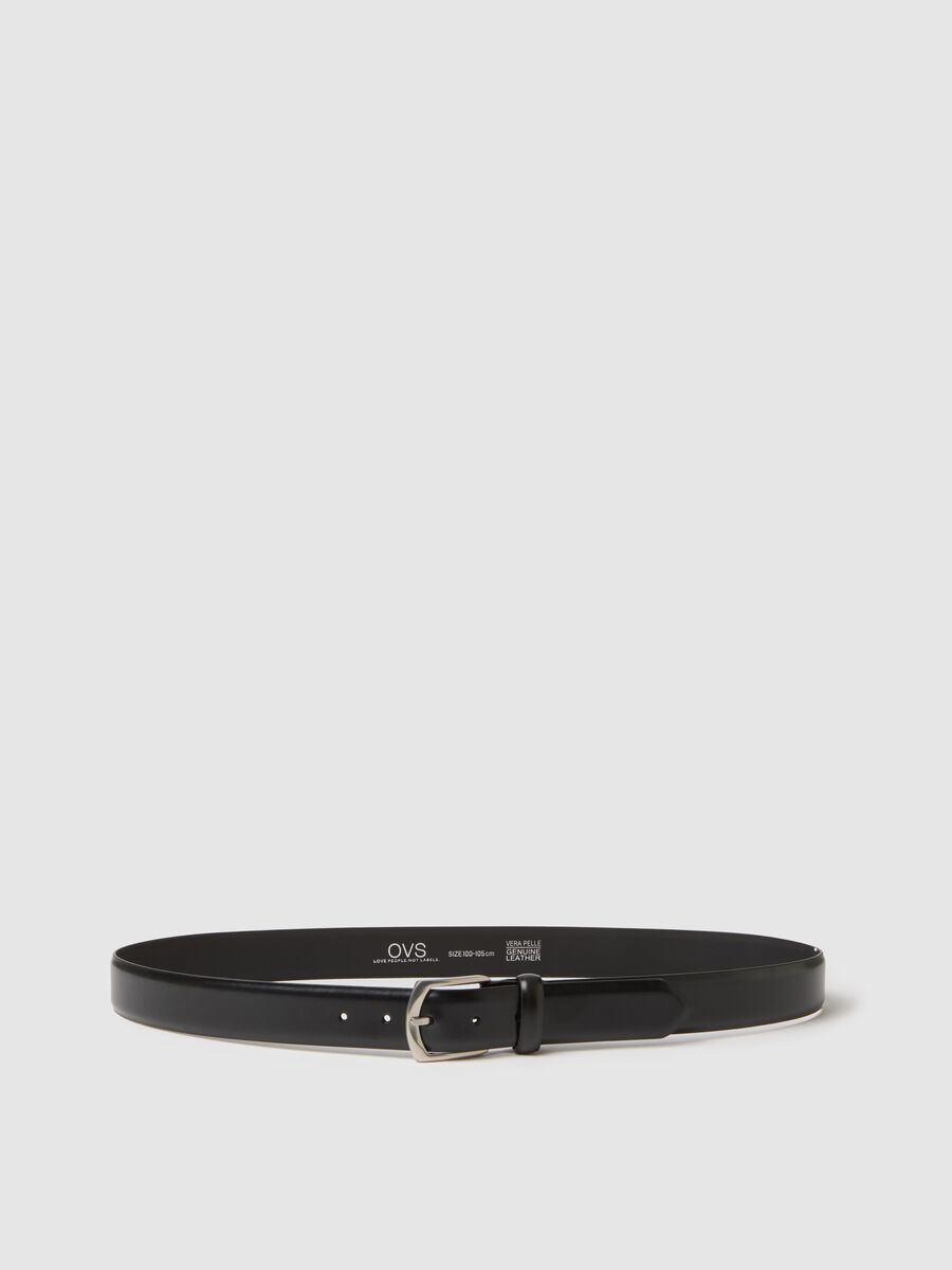 Black genuine leather belt with metal buckle_0