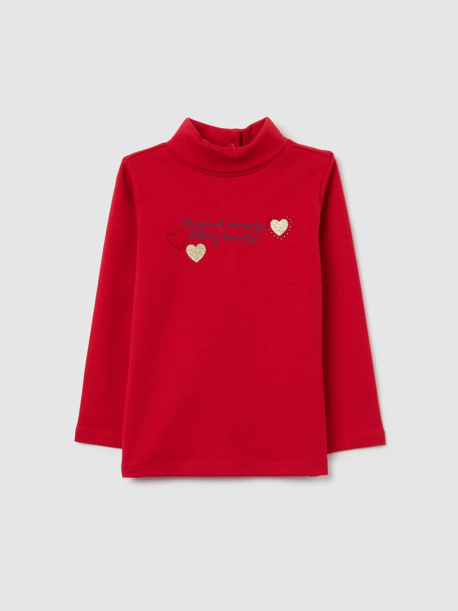 Red pure cotton high neck regular fit girl's t-shirt_0